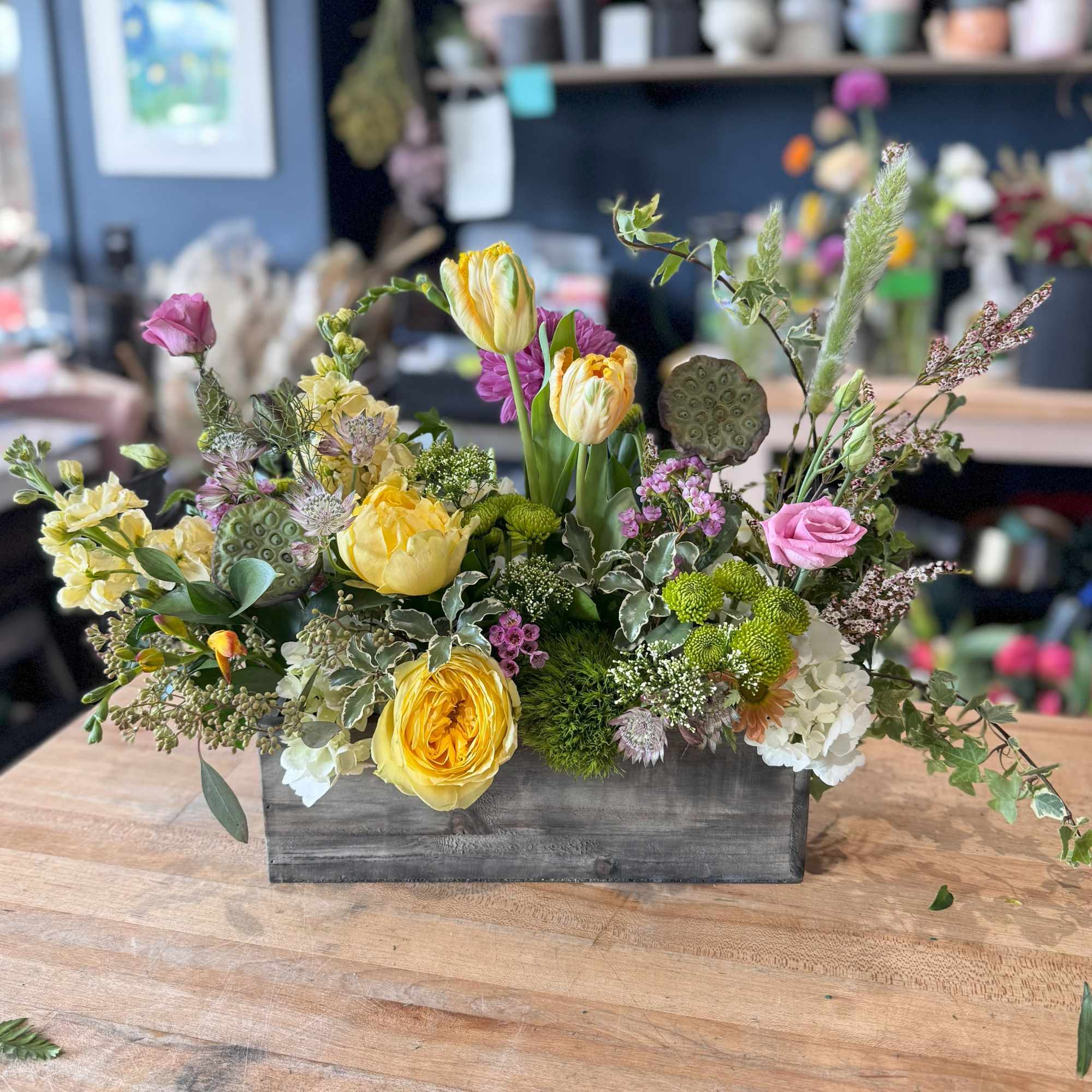 Inspired by wild blooms, the Woodland Flower Box features seasonal flowers arranged