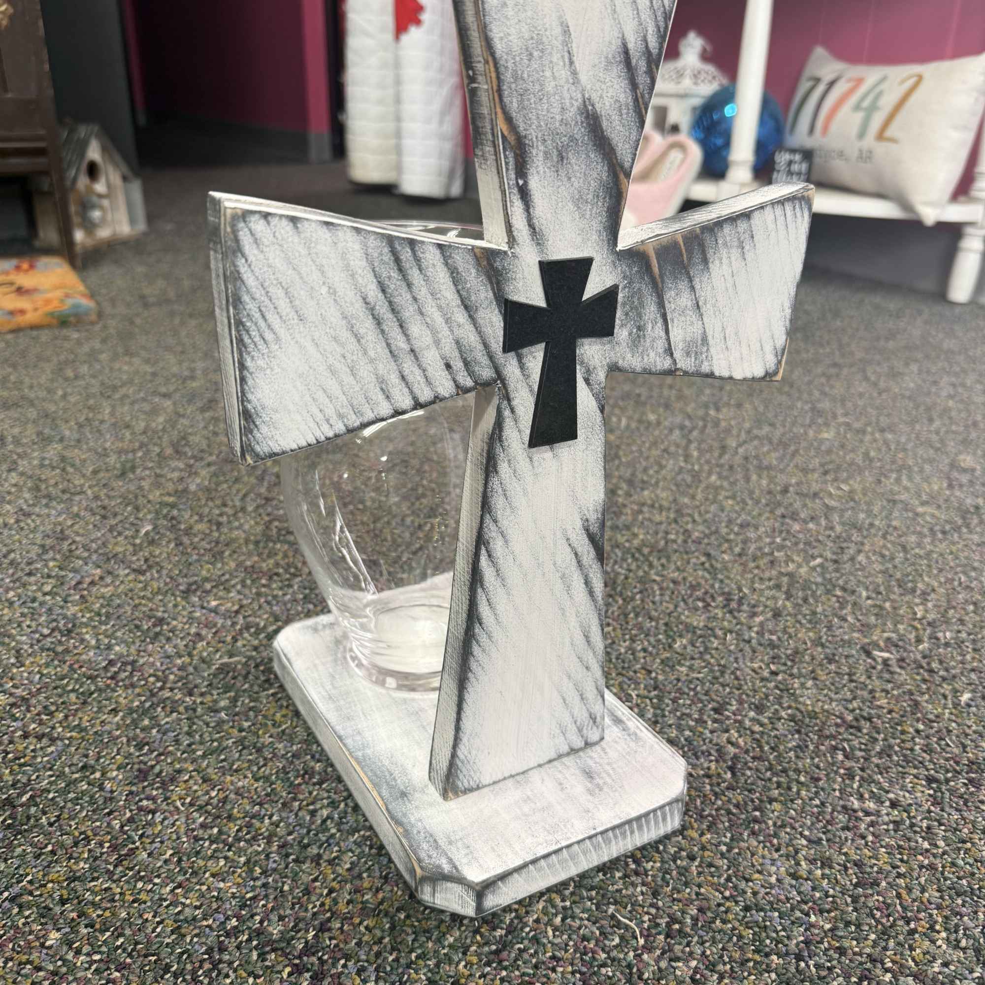 A vase full of fresh flowers, with a beautiful White Distressed Cross!