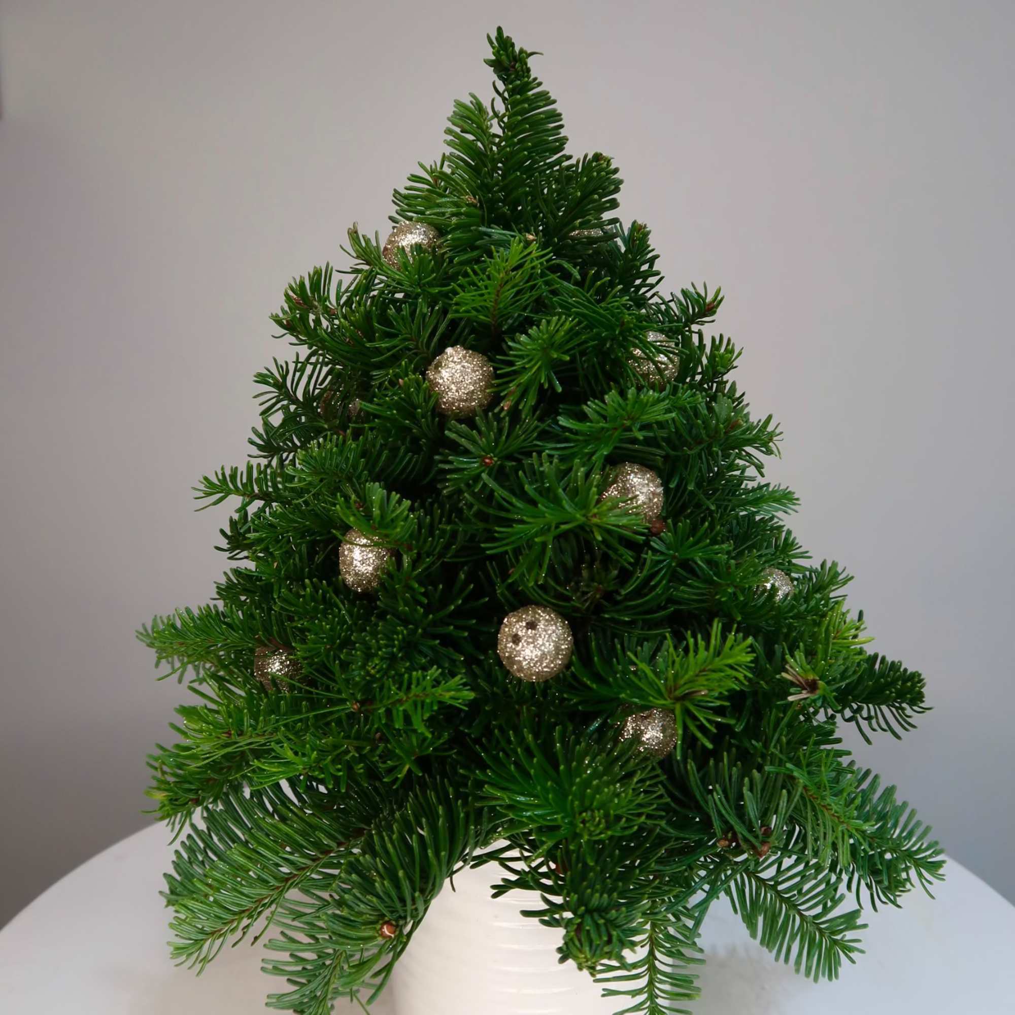 A charming mini Christmas tree made from fresh evergreen branches and accented