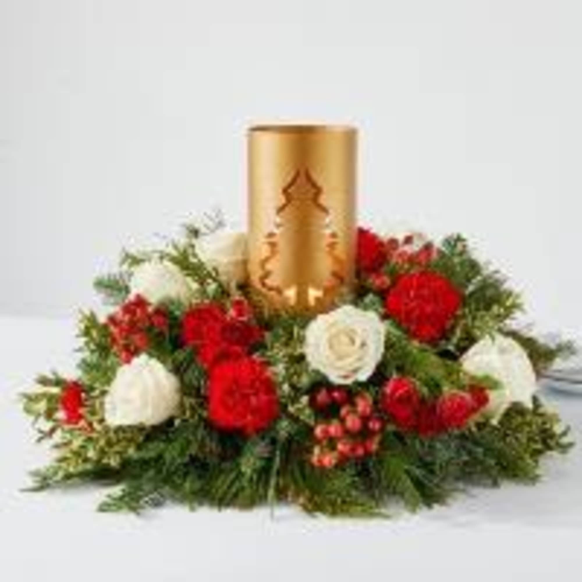 Hurricane Lantern with Tree Cut Out , Christmas greens, red and white