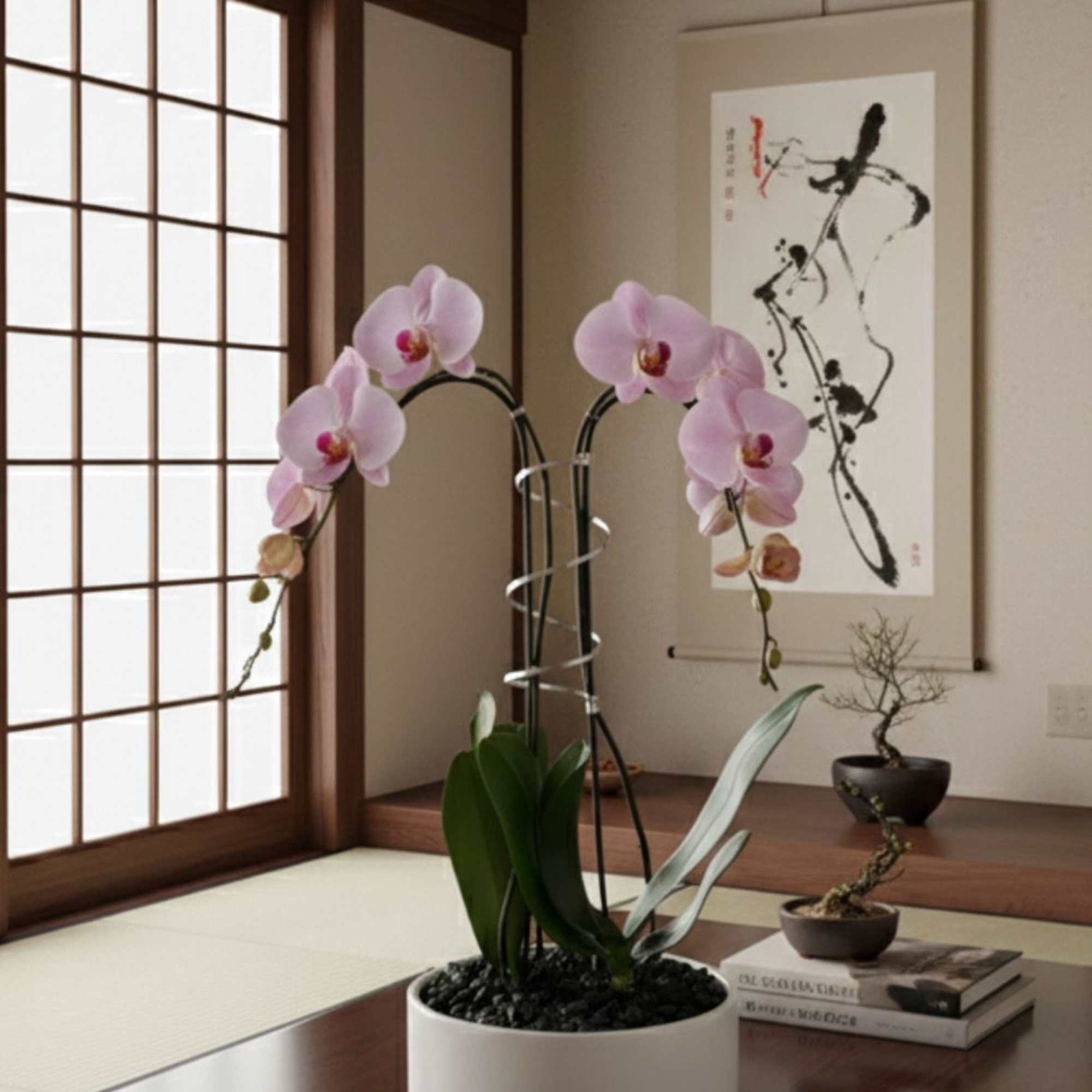 A high quality Double pink orchid arrangement with a vase 9" D