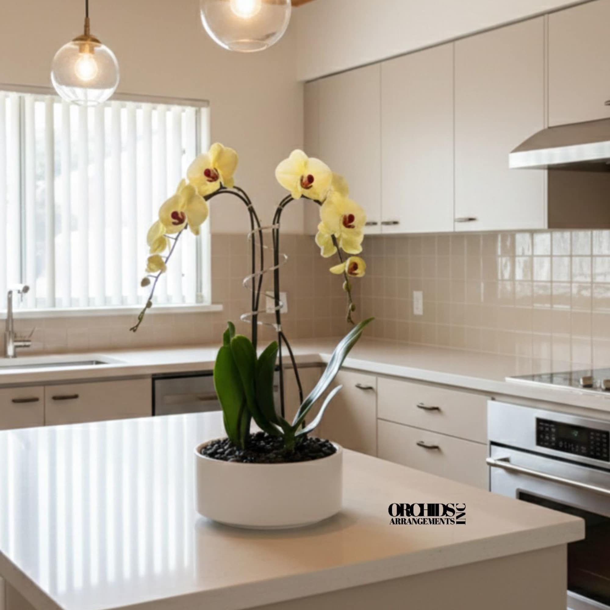 A high quality Double Yellow orchid arrangement with a vase 9" D