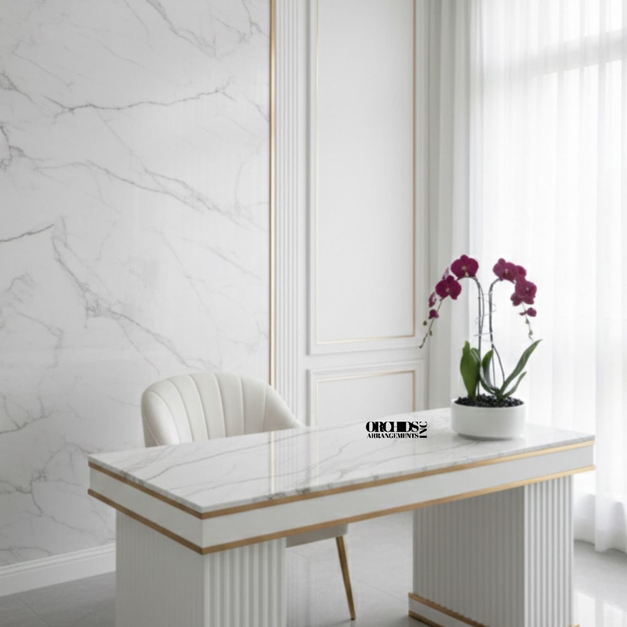 A high quality Double purple orchid arrangement with a vase 9" D