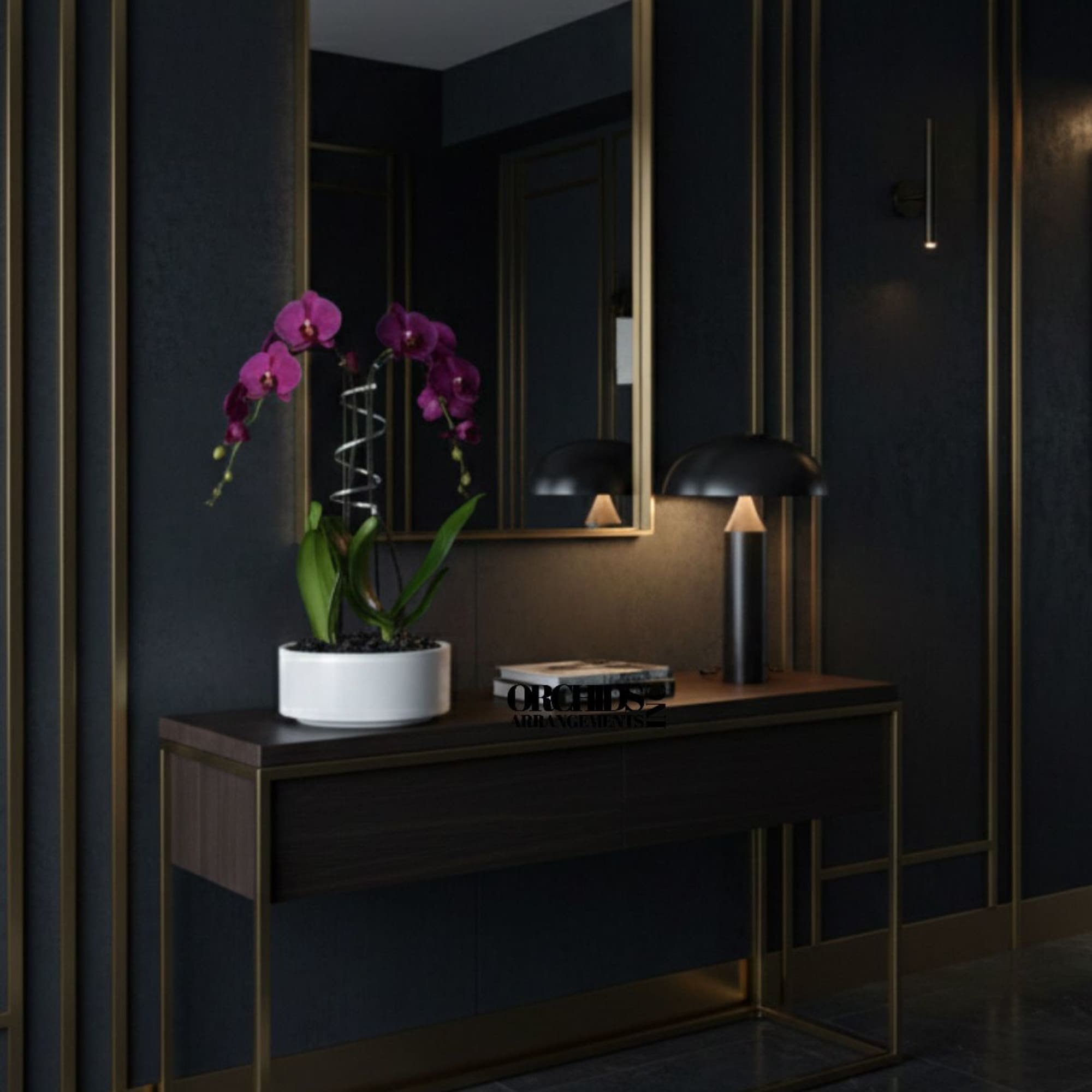 A high quality Double purple orchid arrangement with a vase 9" D