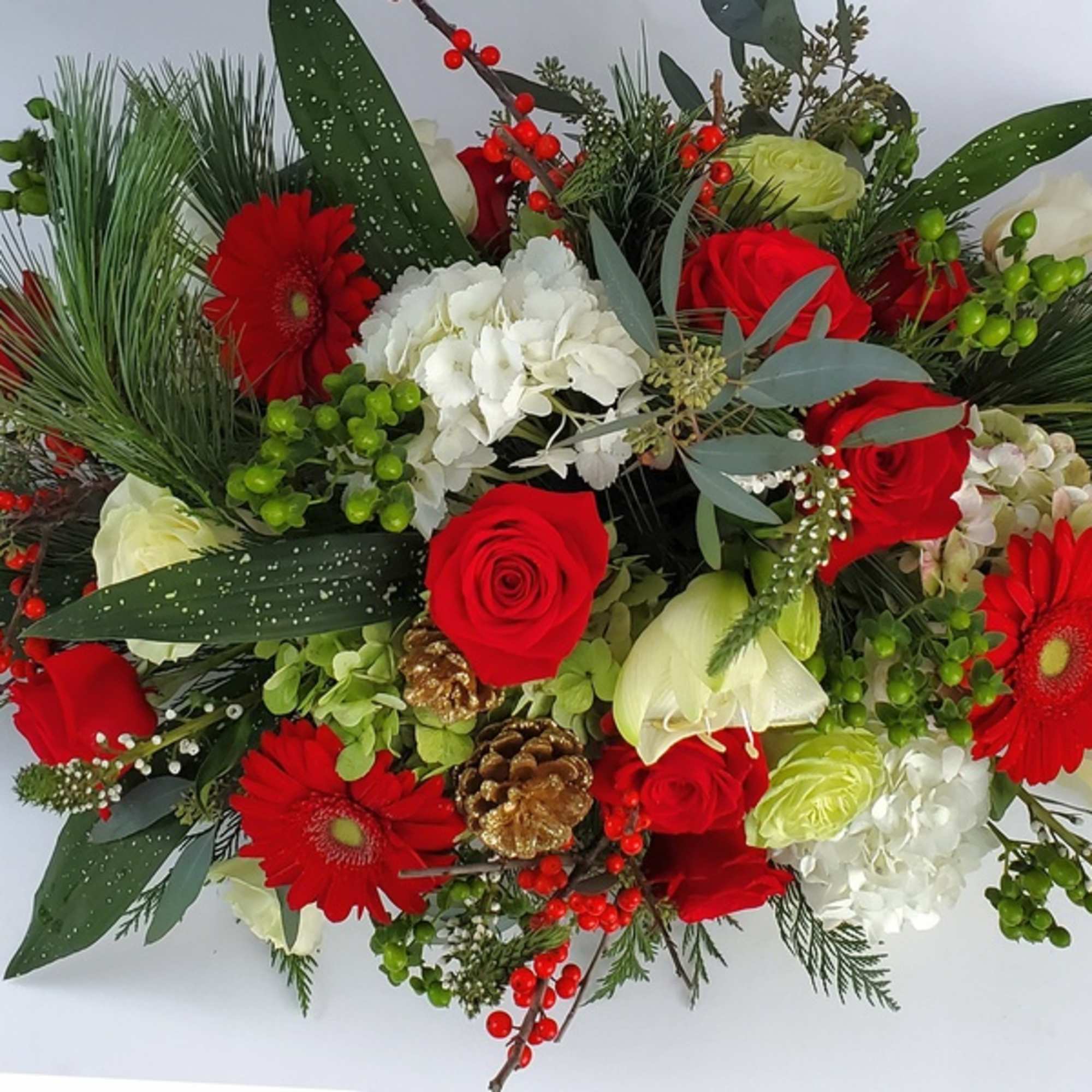 Low centerpiece - APPROX 24" LONG - of premium red, white (and