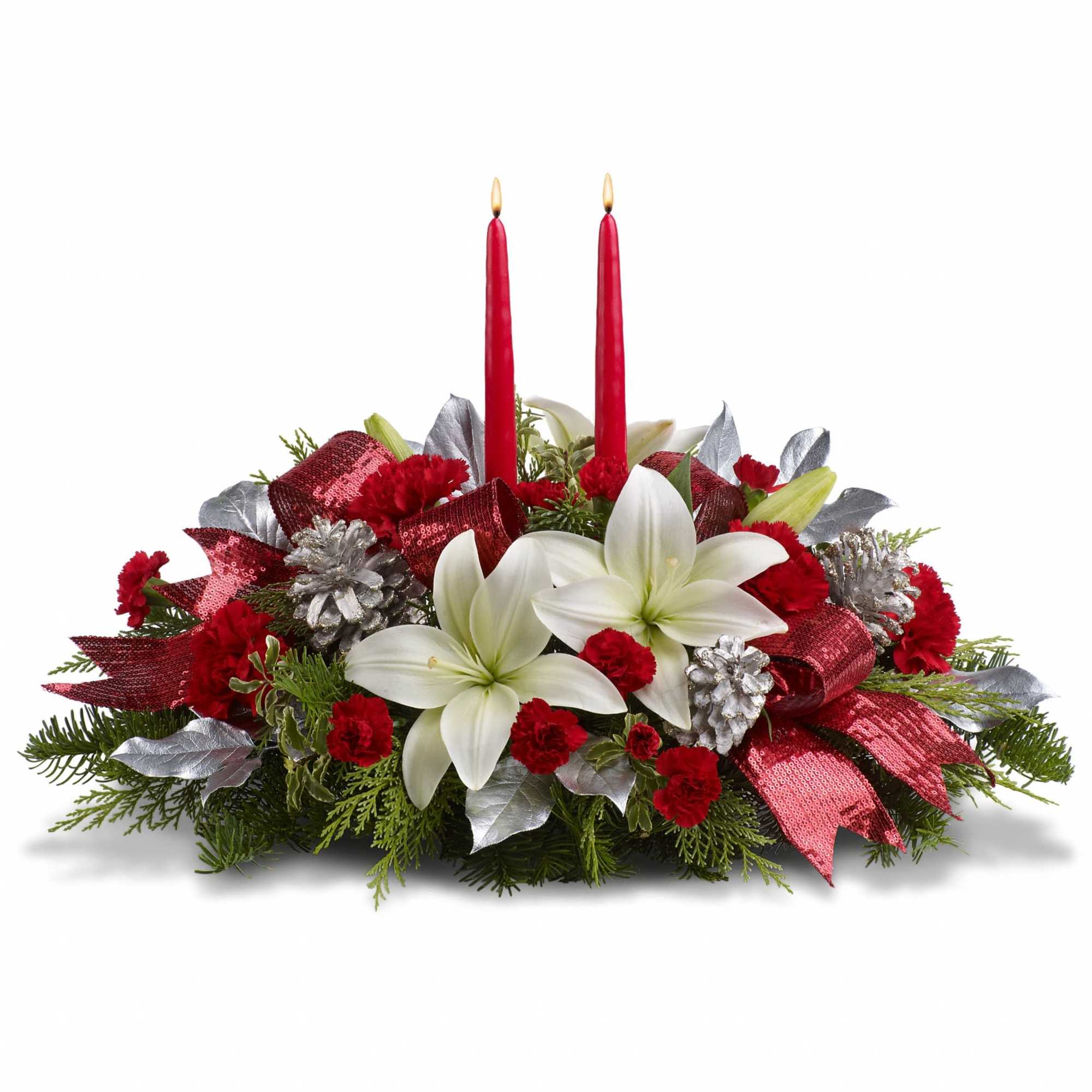 Shiny and bright! Holiday celebrations shine with this lush arrangement of snow