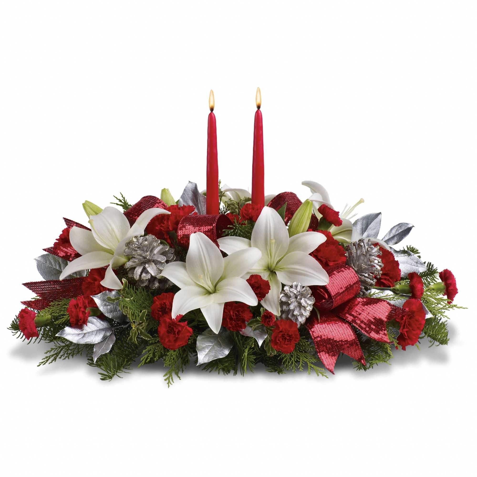 Shiny and bright! Holiday celebrations shine with this lush arrangement of snow