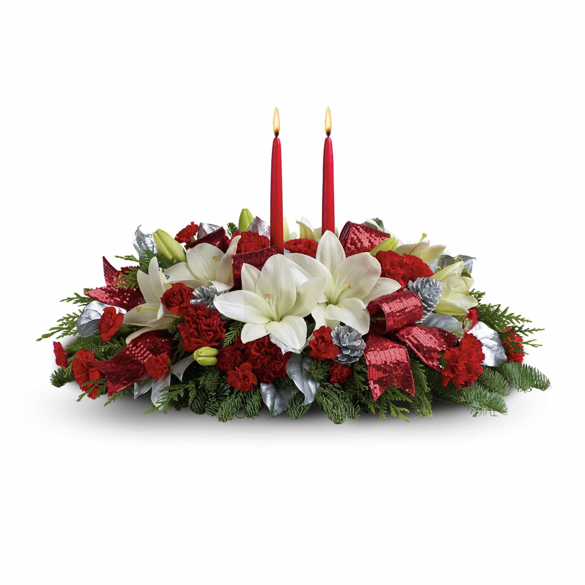 Shiny and bright! Holiday celebrations shine with this lush arrangement of snow