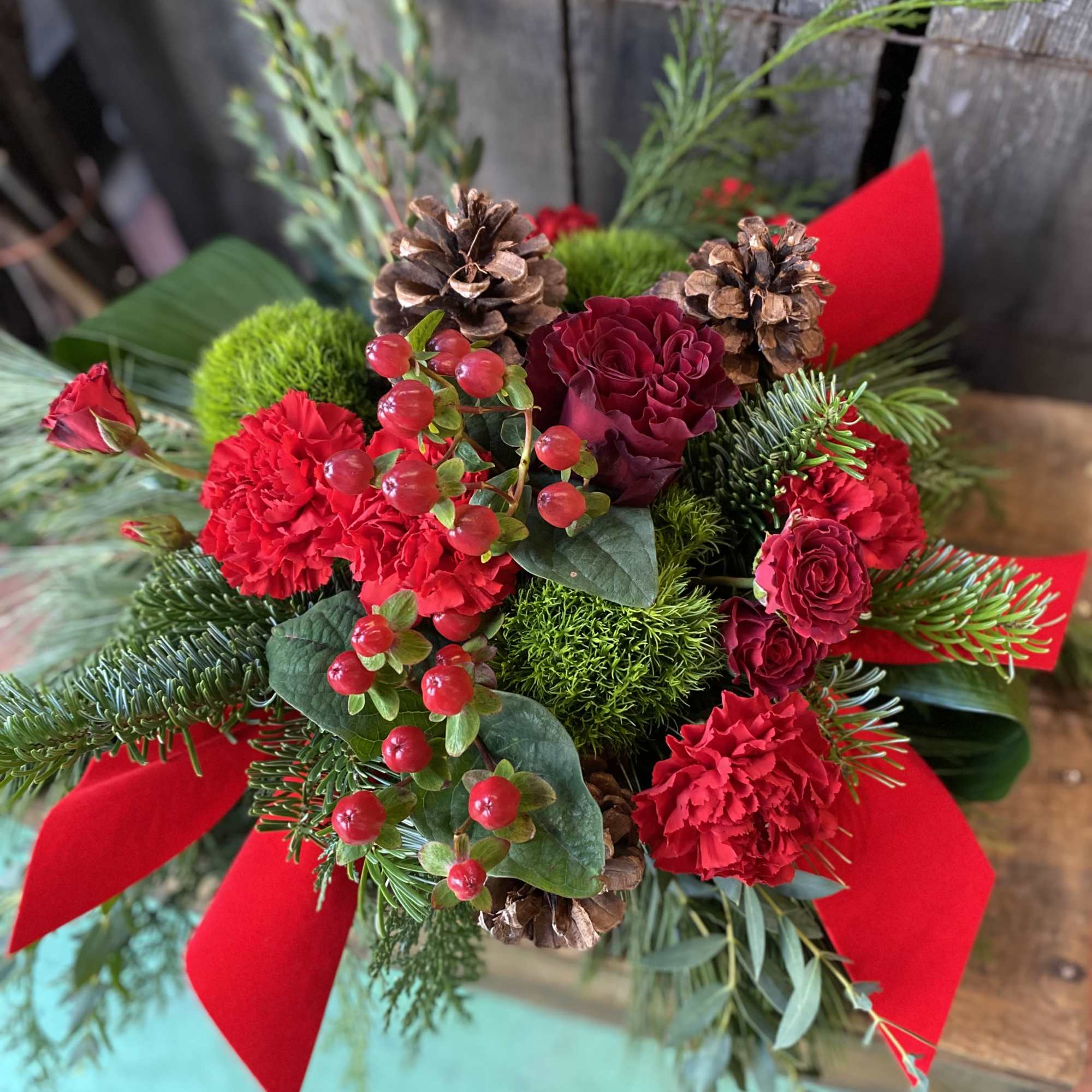 The traditional red and greens of the holidays.