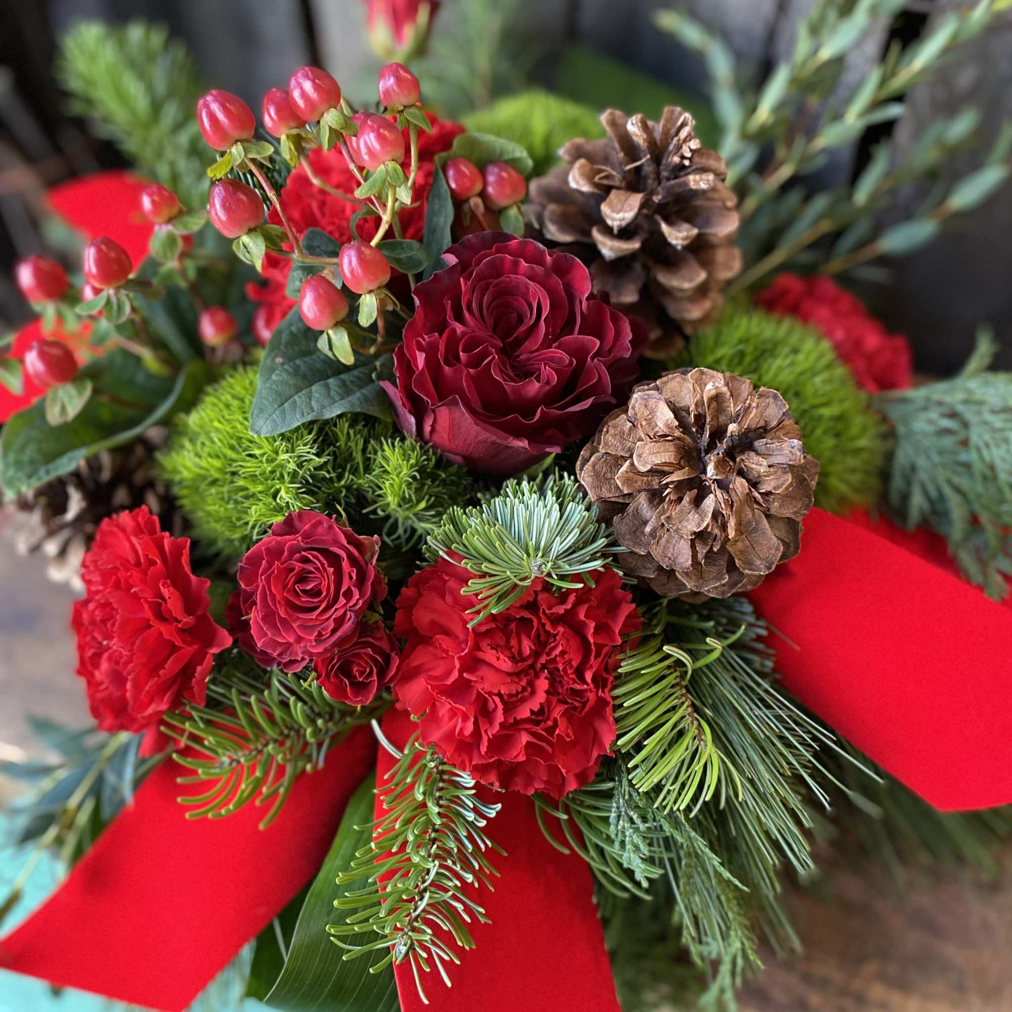 The traditional red and greens of the holidays.