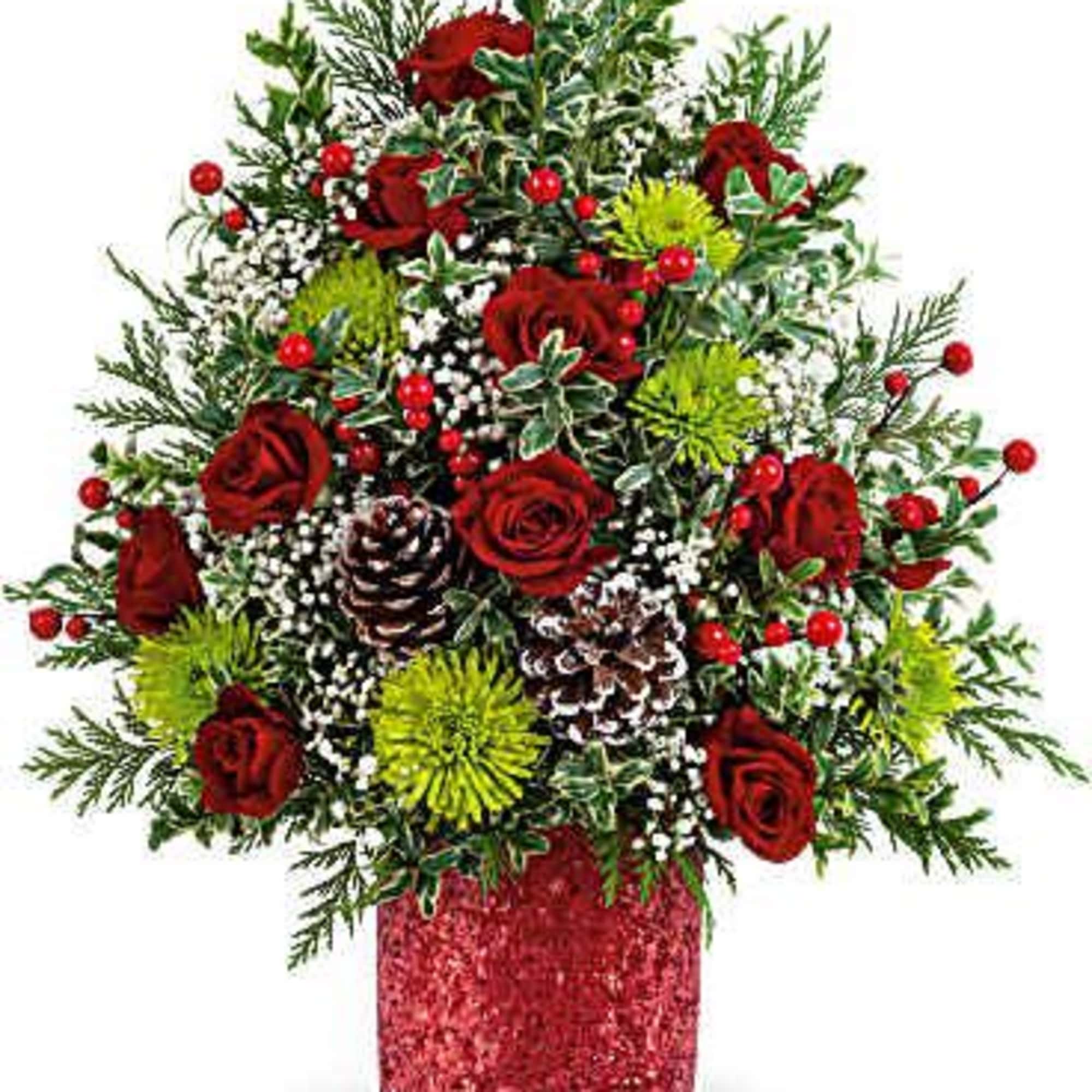 Holiday Cheer Tree is brimming with joy! Red carnations, green mums, and
