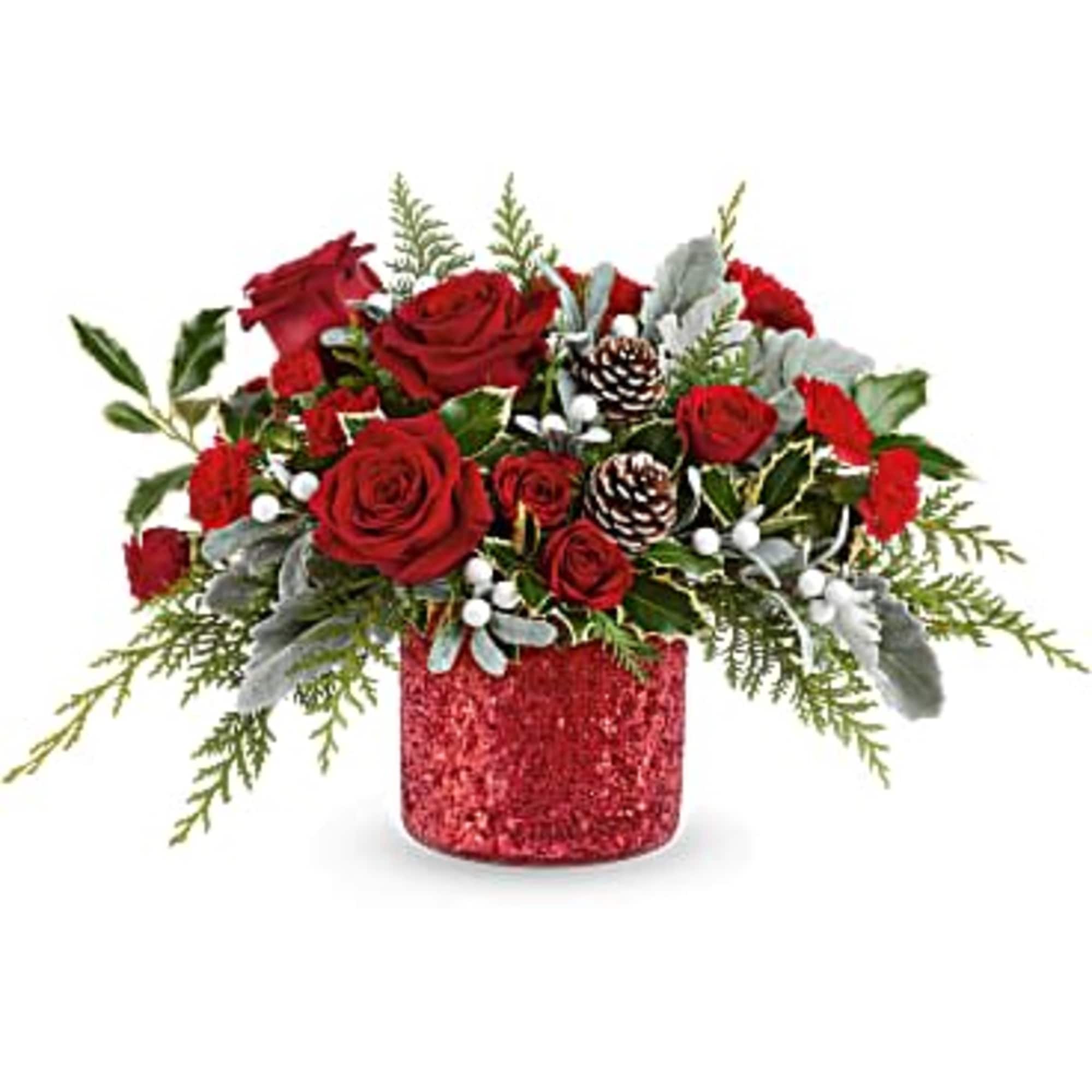 Magical Wish Bouquet brings holiday sparkle to life! Red blooms and festive
