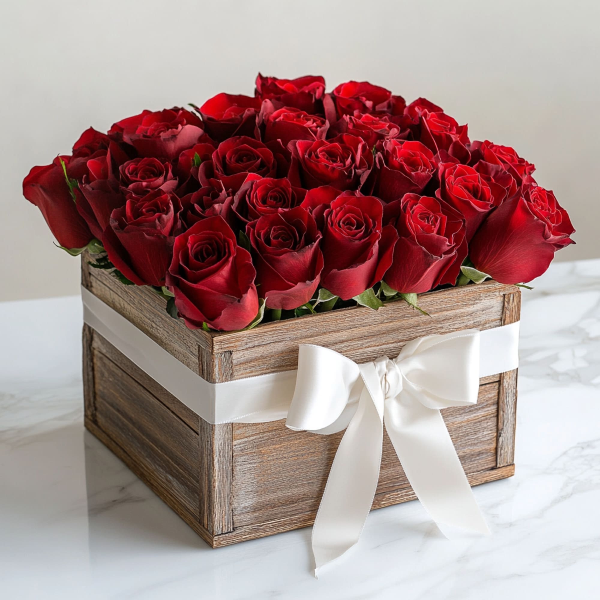 A modern and luxurious rose arrangement featuring premium red roses designed in
