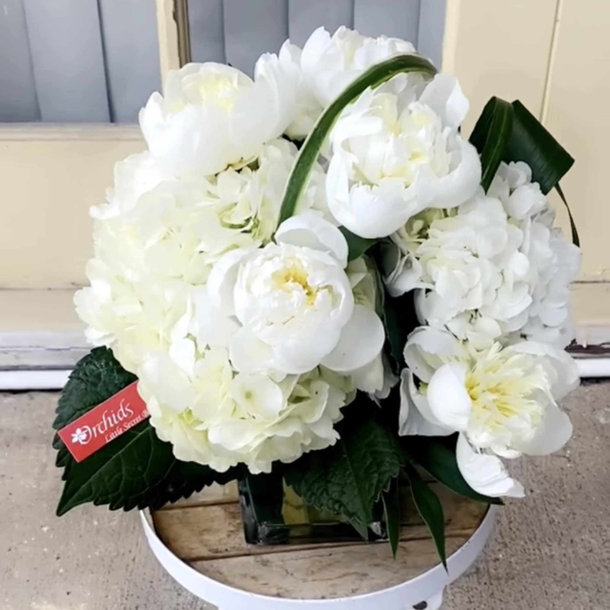 This exquisite arrangement features vibrant peonies and lush hydrangeas elegantly presented in