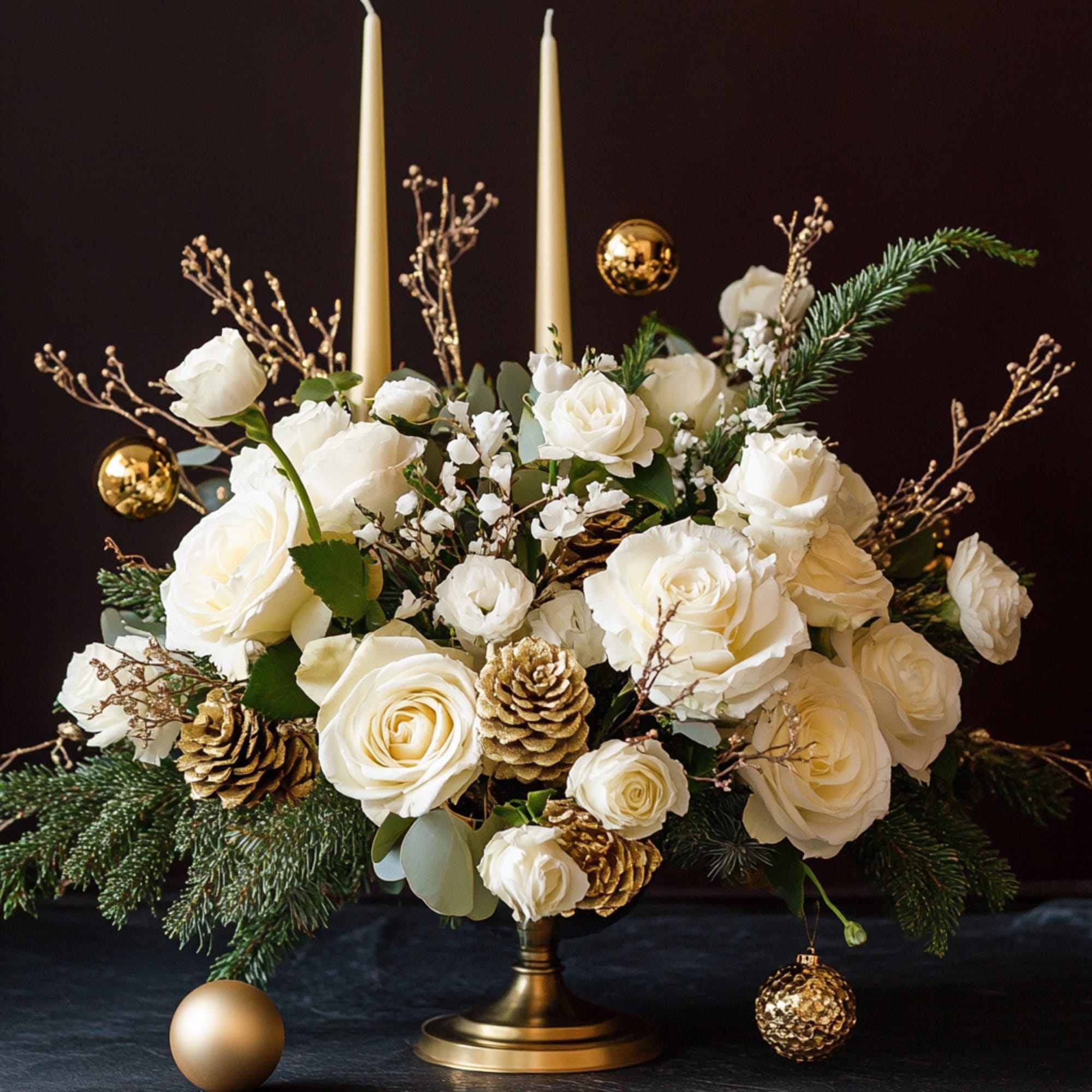 An elegant holiday centerpiece designed with lush white roses, seasonal florals, and