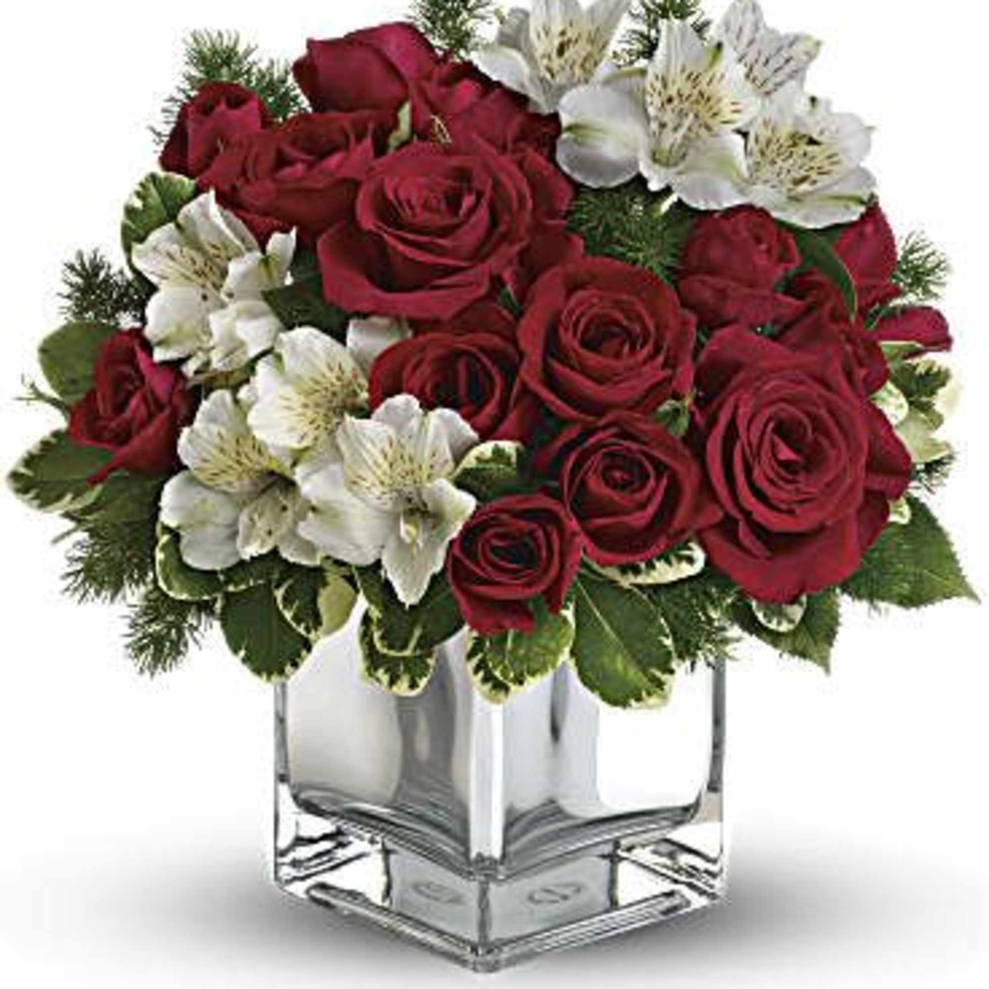 The red roses and white alstroemeria are traditional favorites. The chic mirrored
