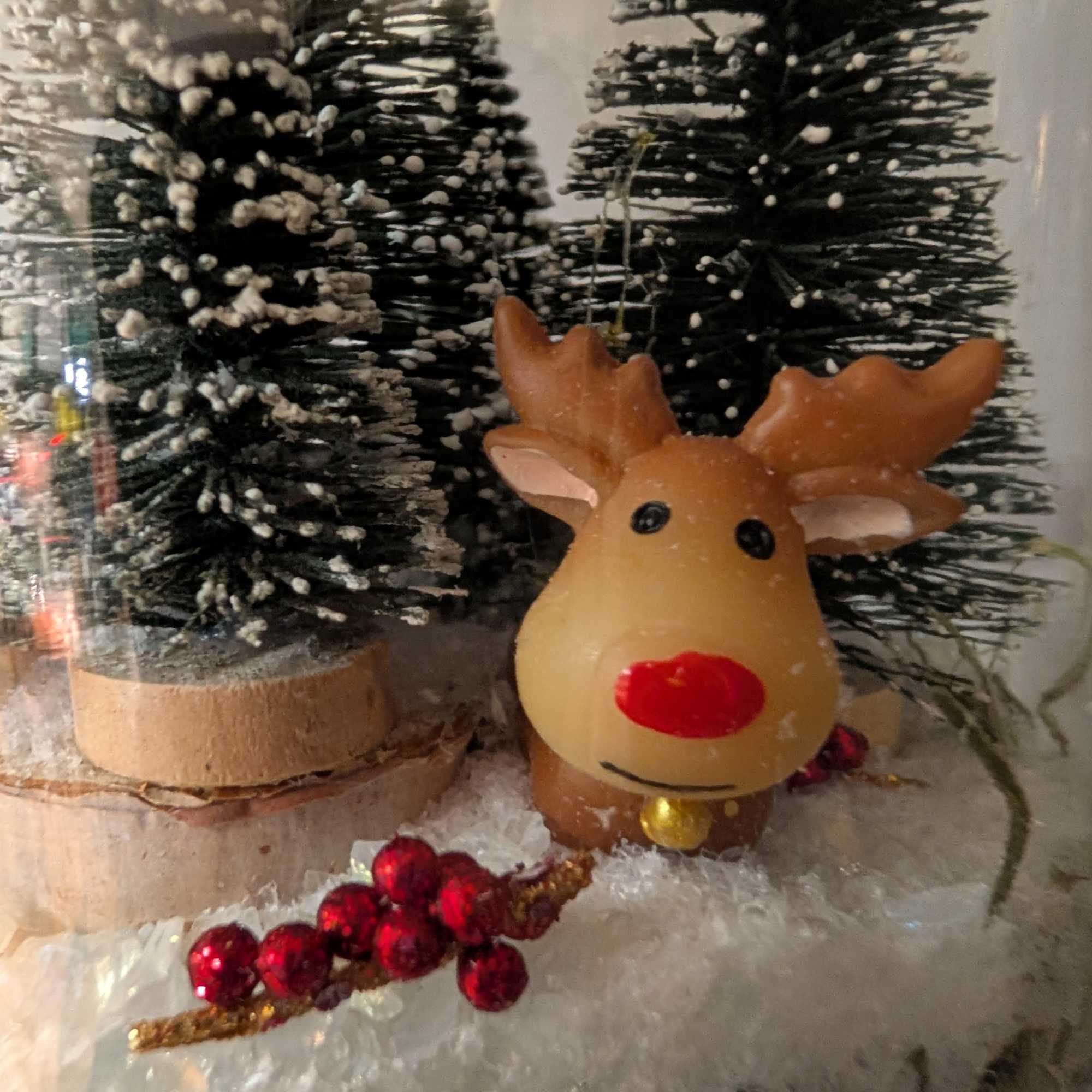 This adorable vintage mason jar has captured Rudolph the Red-Nosed Reindeer amongst