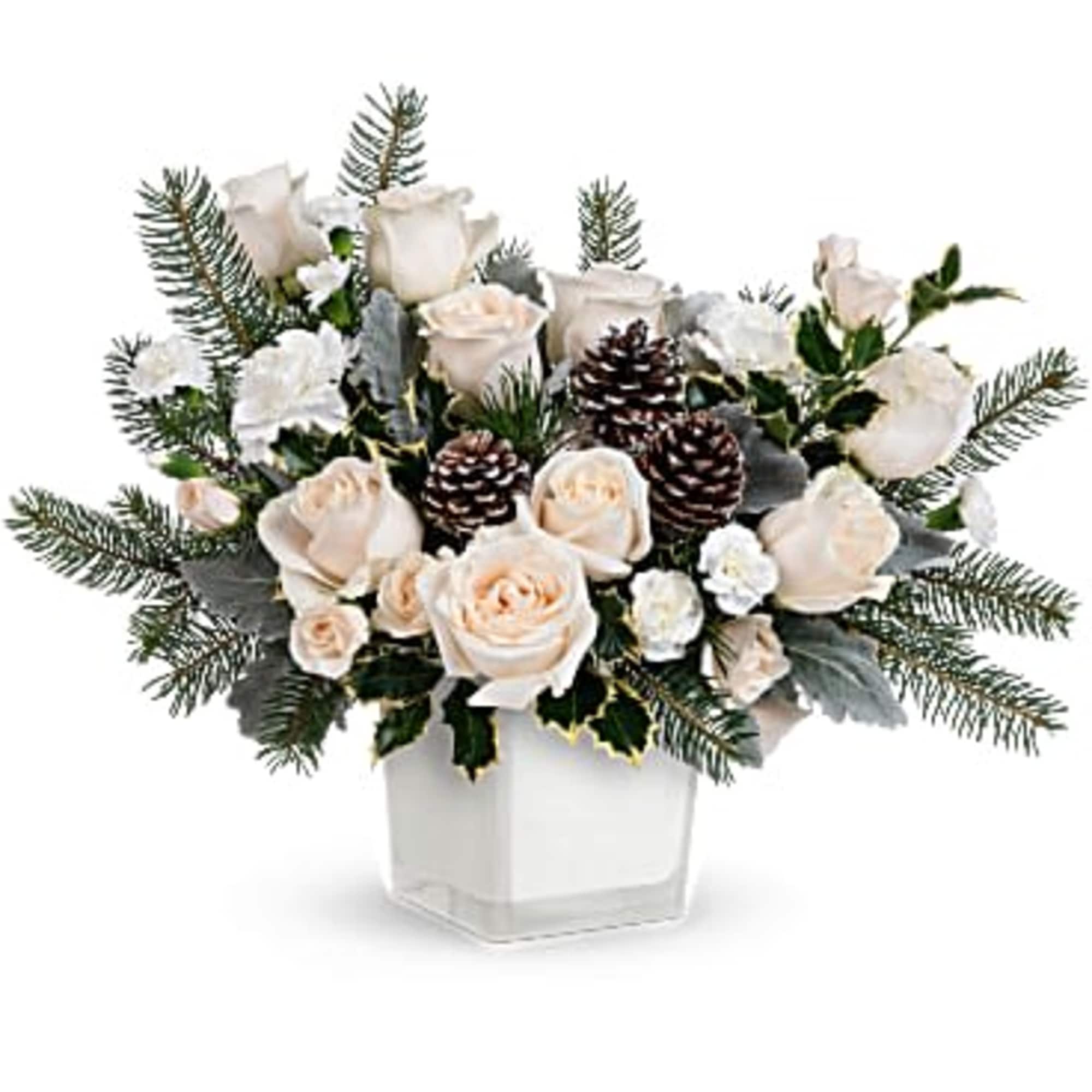 Bring the outdoors in with this forest-inspired bouquet of white roses and