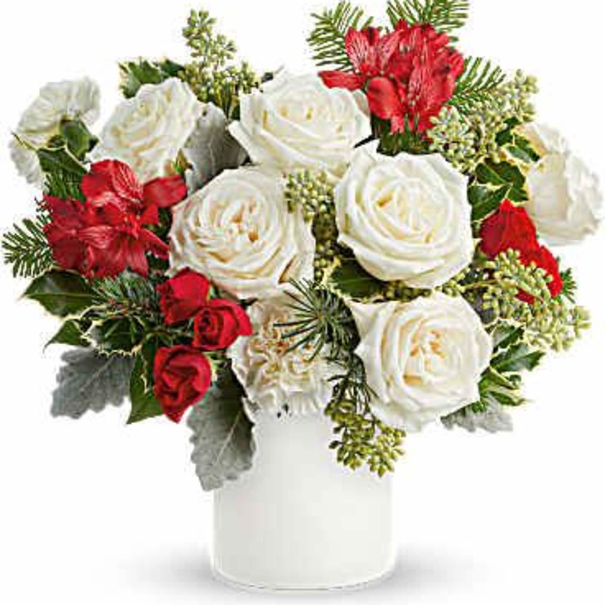 Teleflora's Holiday Joy Bouquet captures Christmas cheer with white roses, red blooms