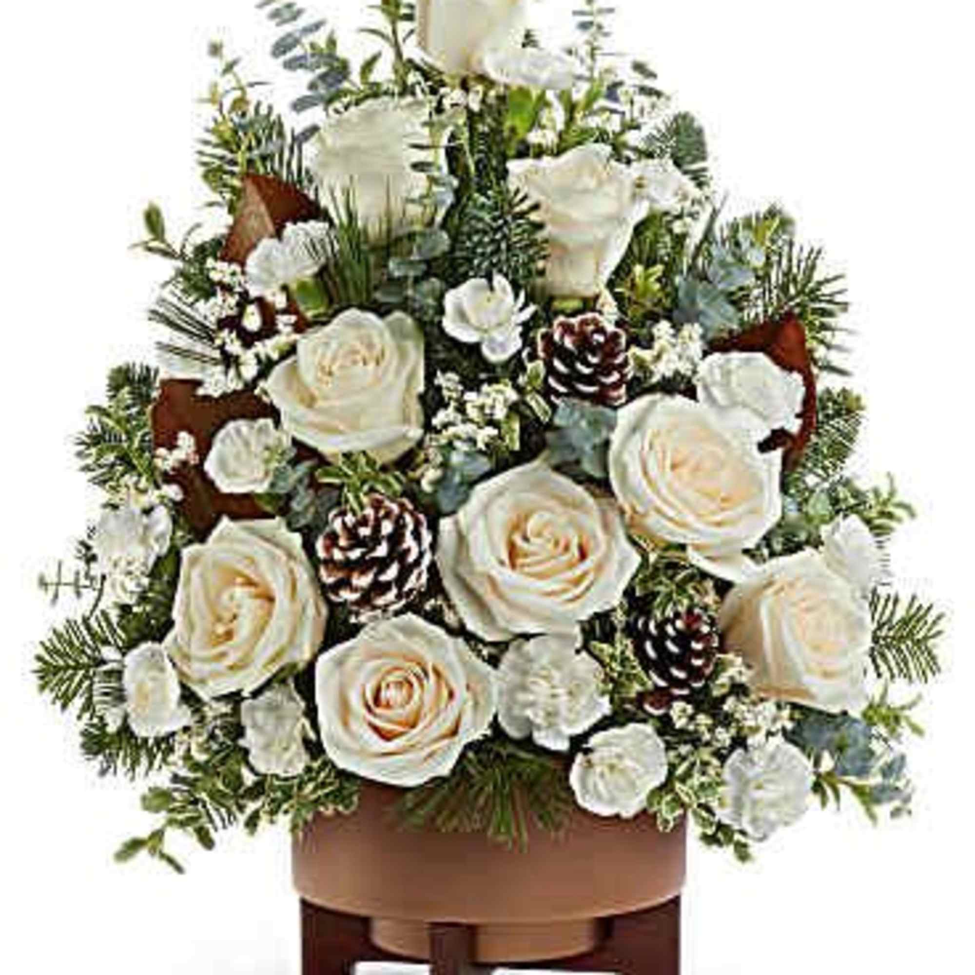 Teleflora's Alpine Snow Tree brings peaceful winter beauty with white roses, snowy