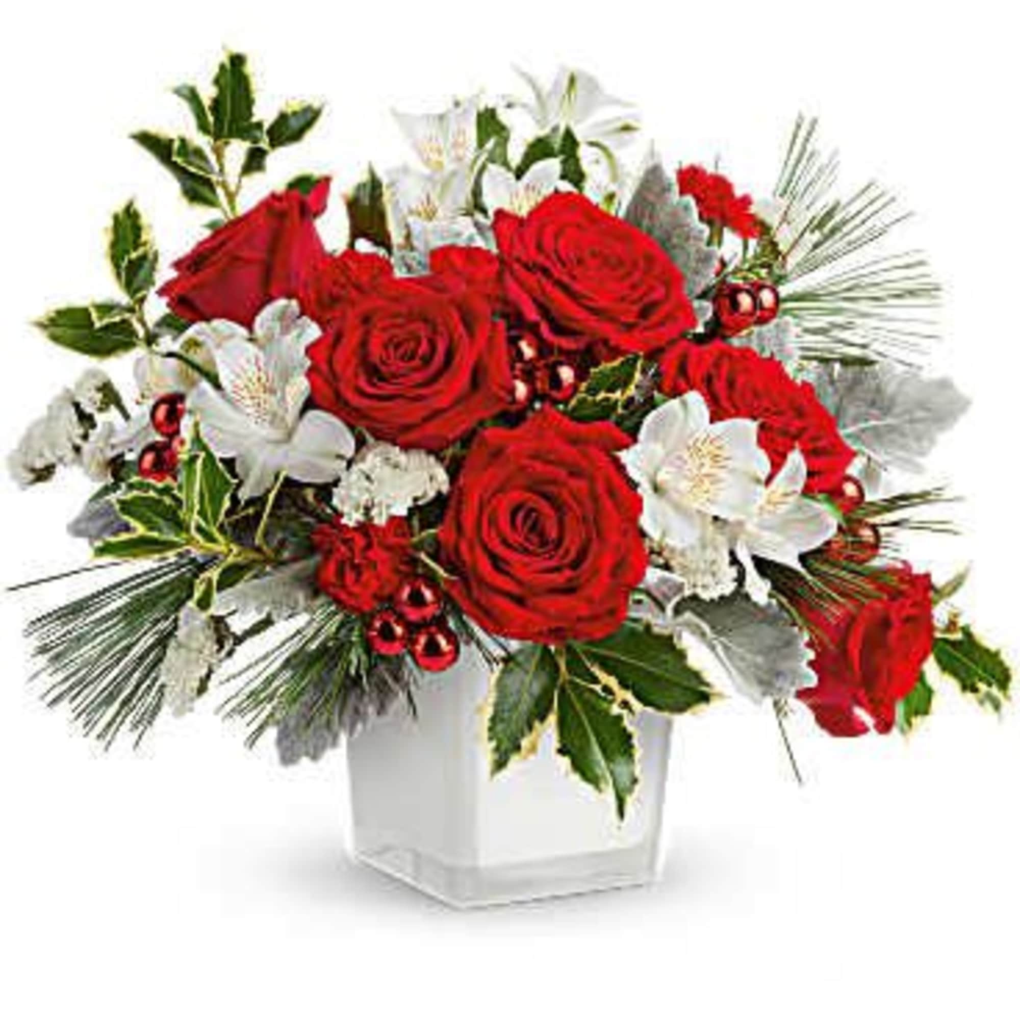 Teleflora's Festive Elegance Bouquet shines with classic red roses, wintery white blooms