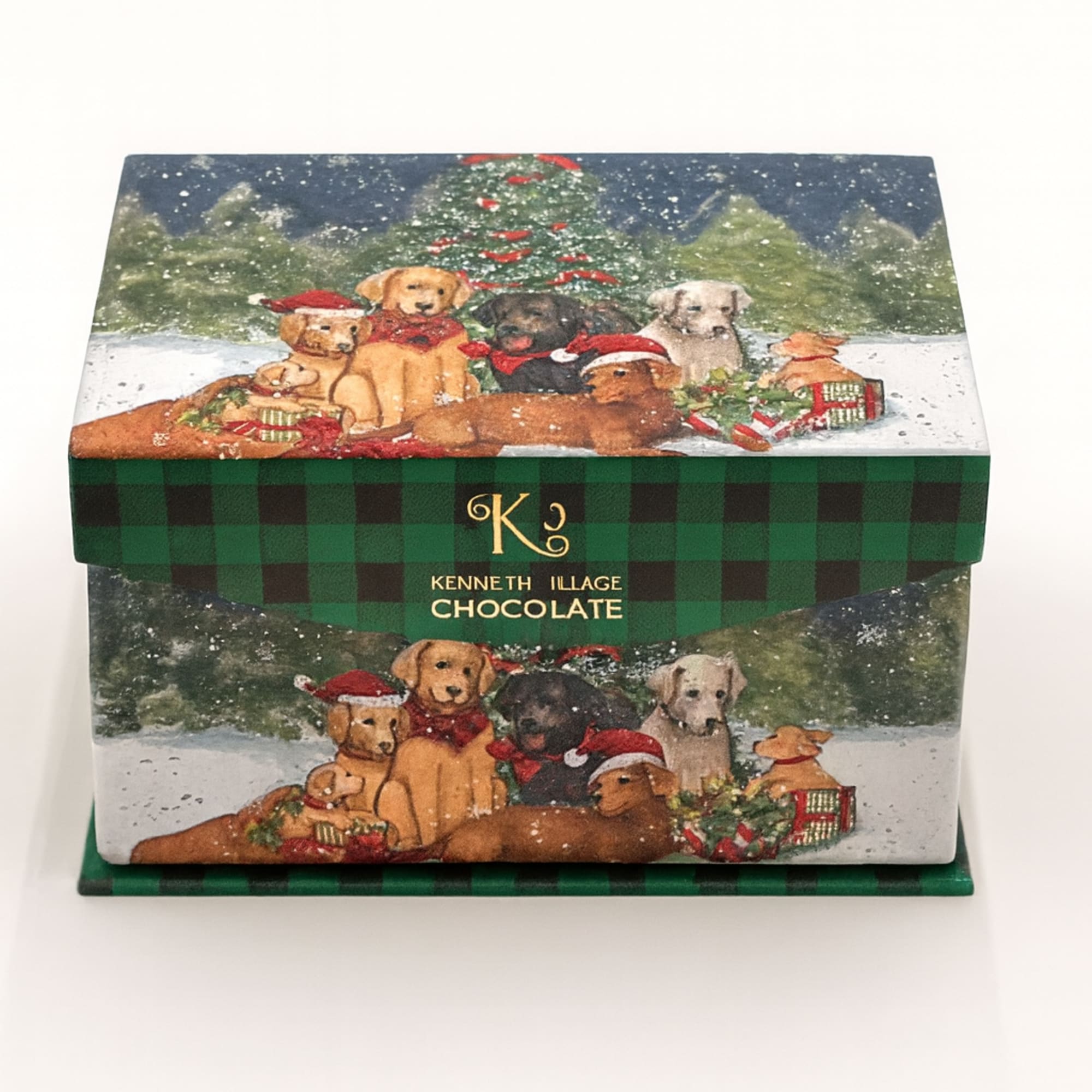 A charming holiday chocolate box wrapped in a festive winter scene featuring