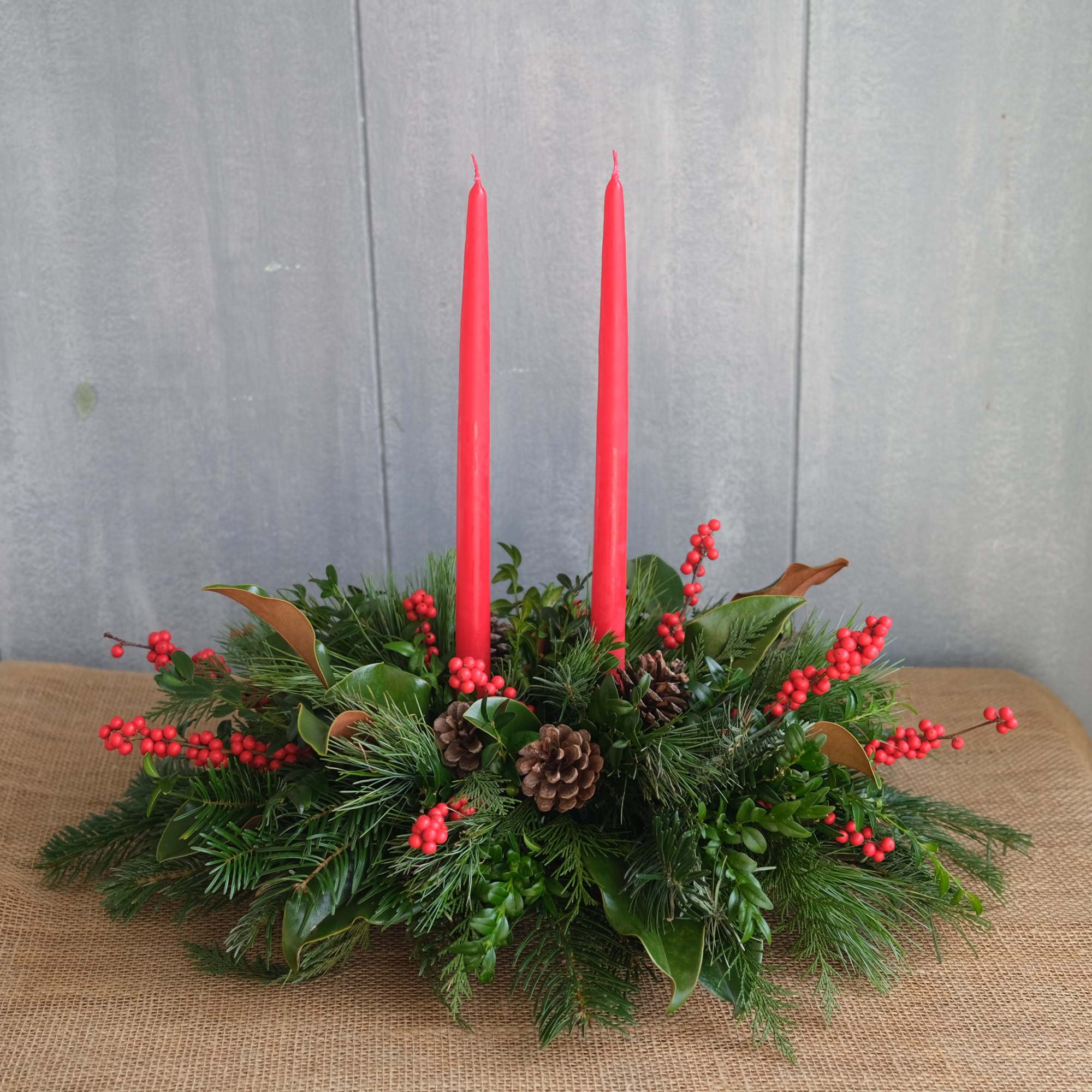Handmade beautifully designed holiday centerpiece with candles 