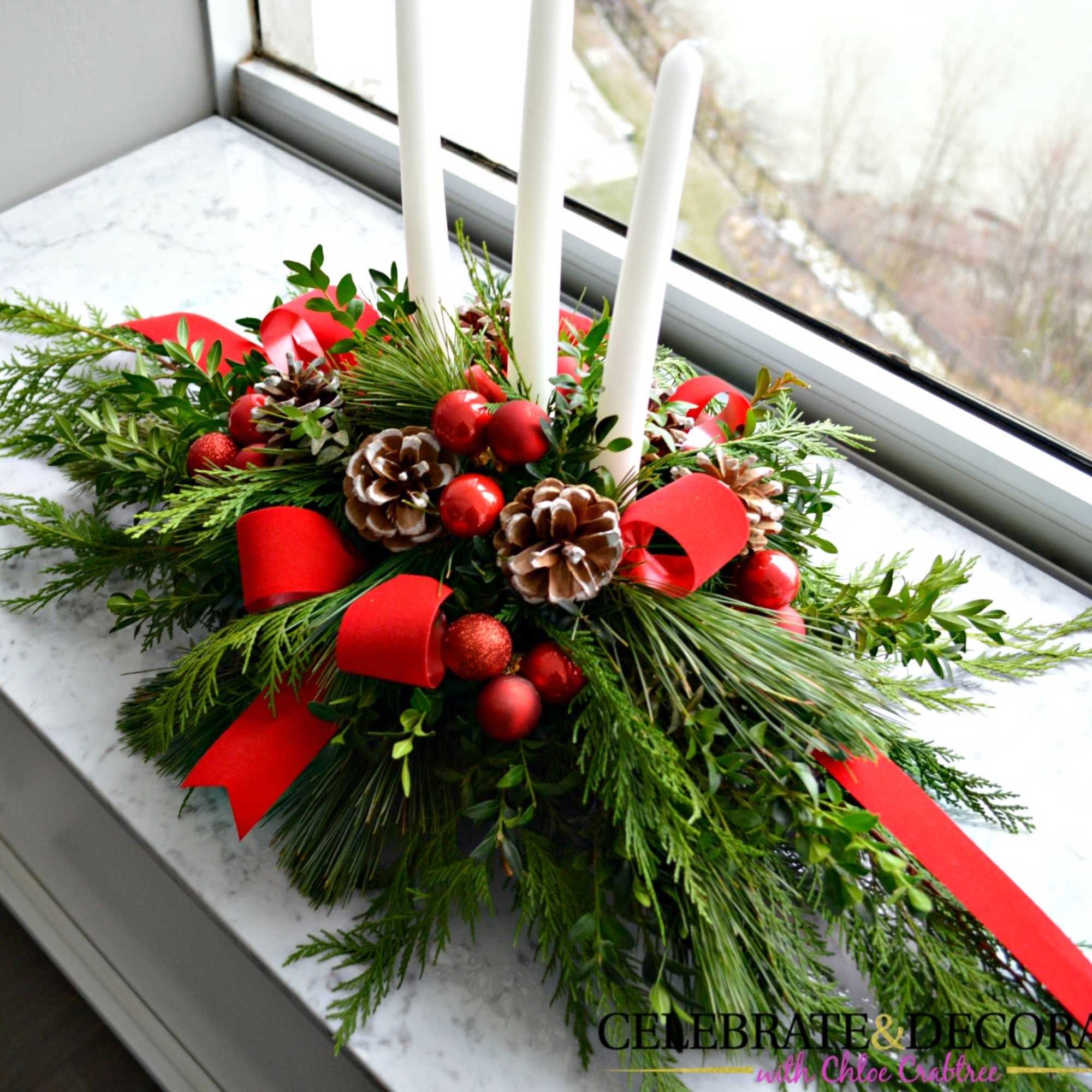 Handmade beautifully designed holiday centerpiece with candles 