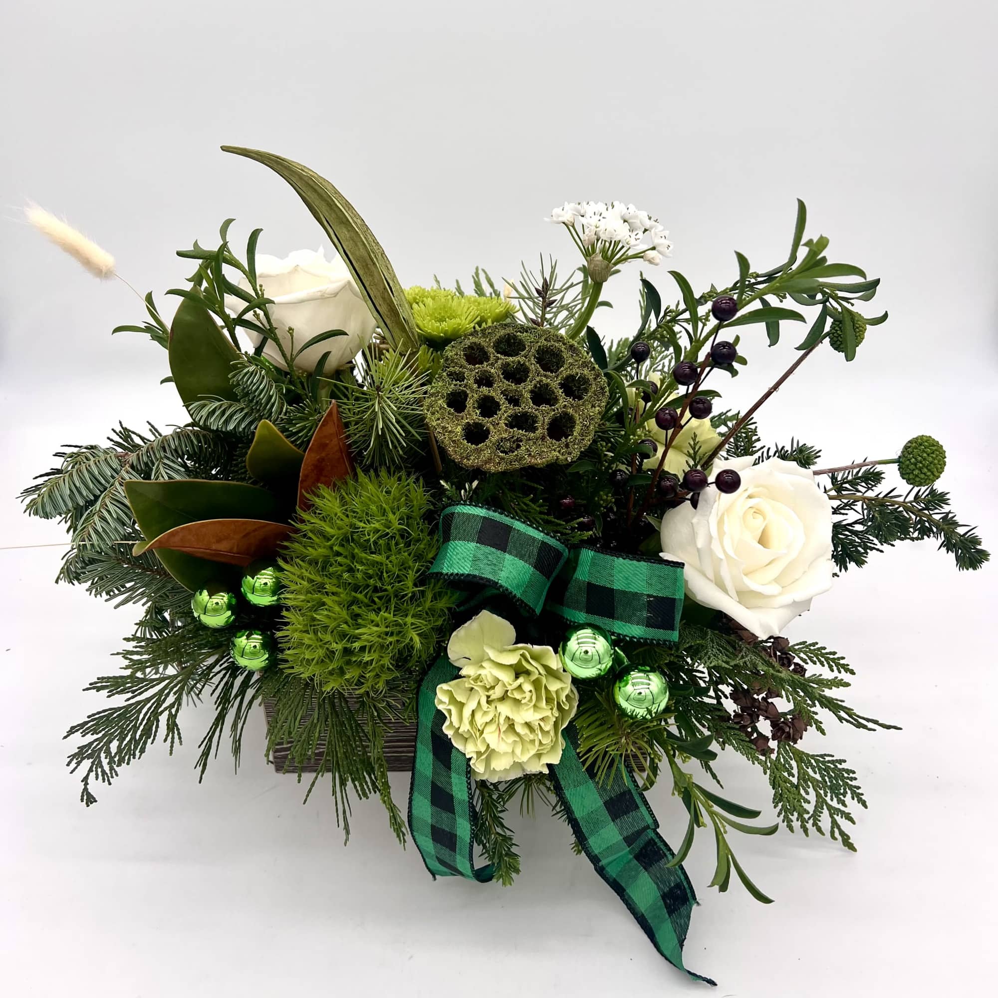 All green all day. Beautiful green holiday arrangement created in wooden box