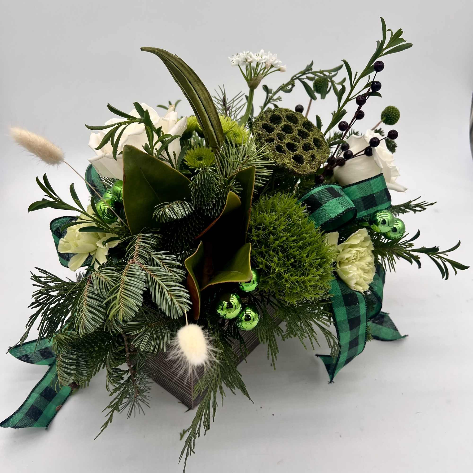 All green all day. Beautiful green holiday arrangement created in wooden box