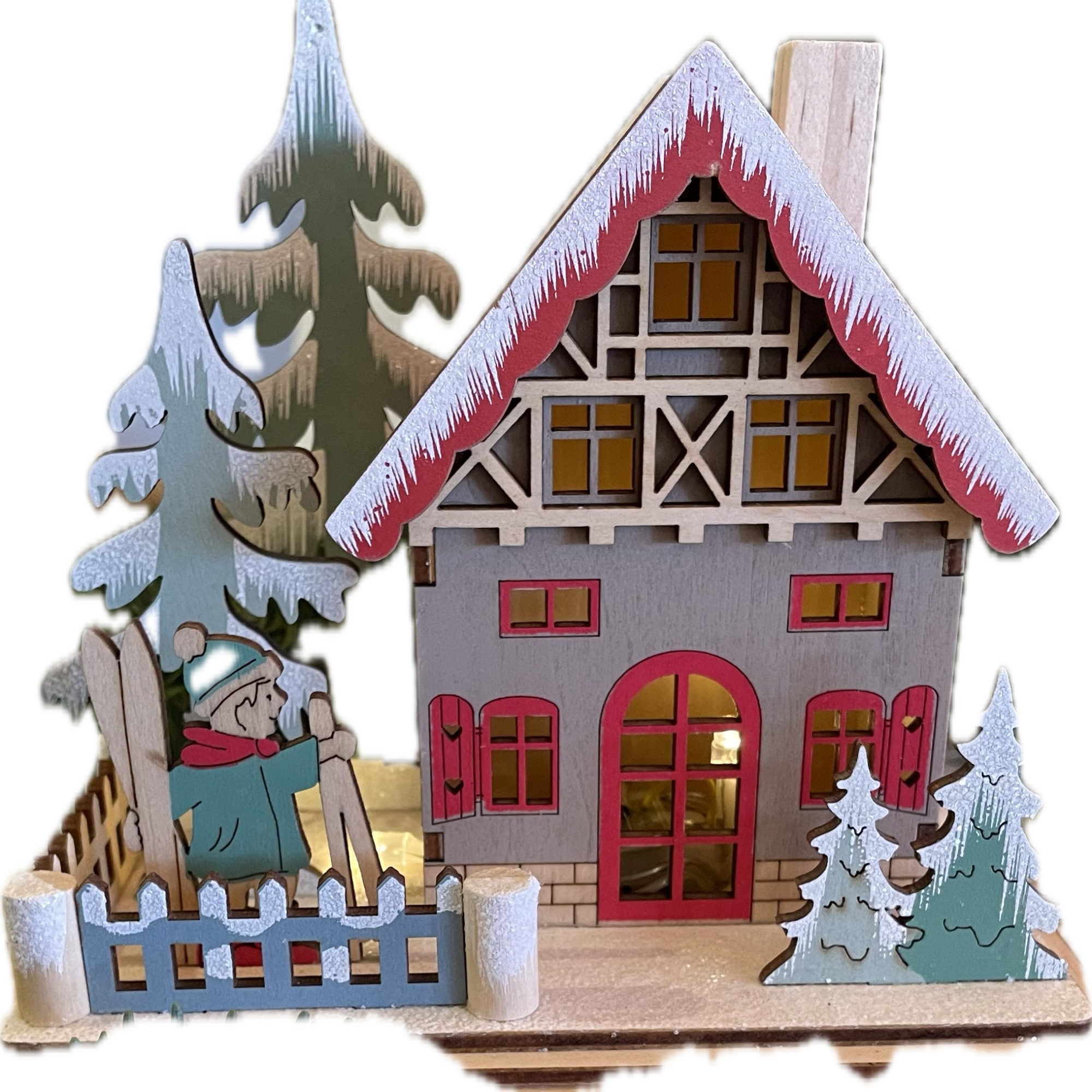 Battery operated mini wooden ski chalet 