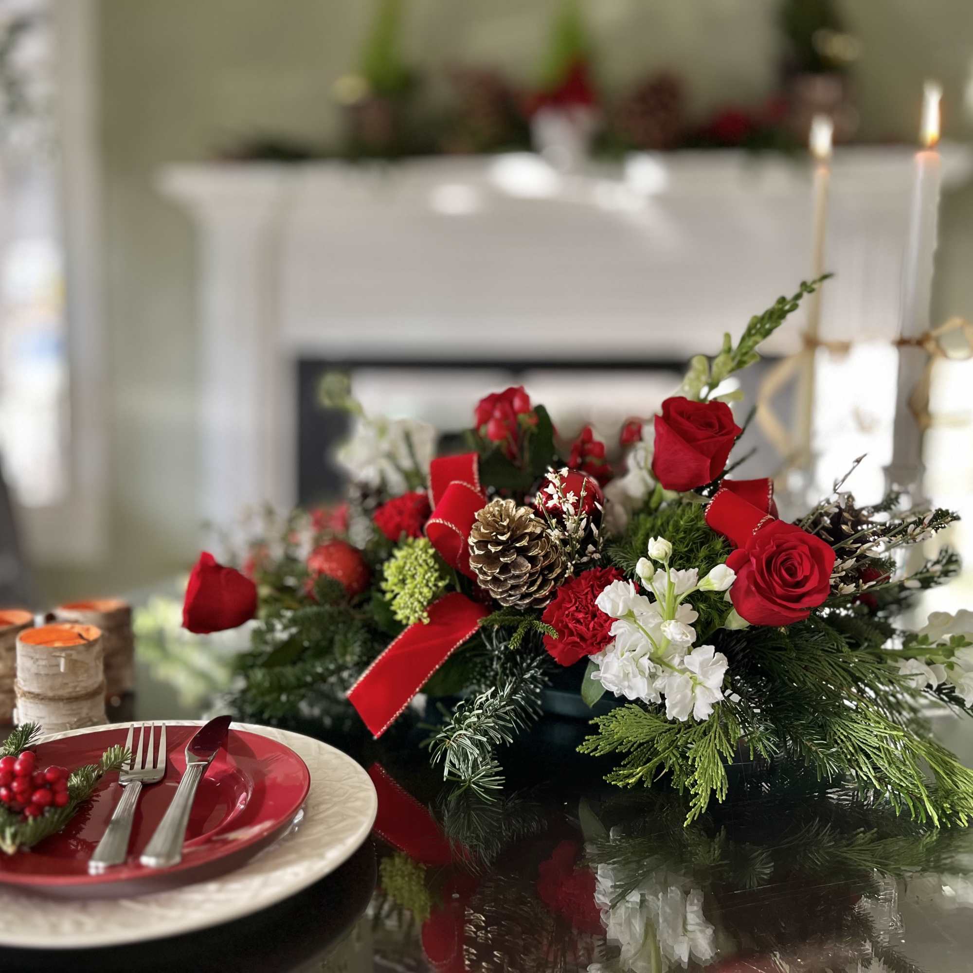 Bring holiday magic to life with this beautiful centerpiece! Red and white