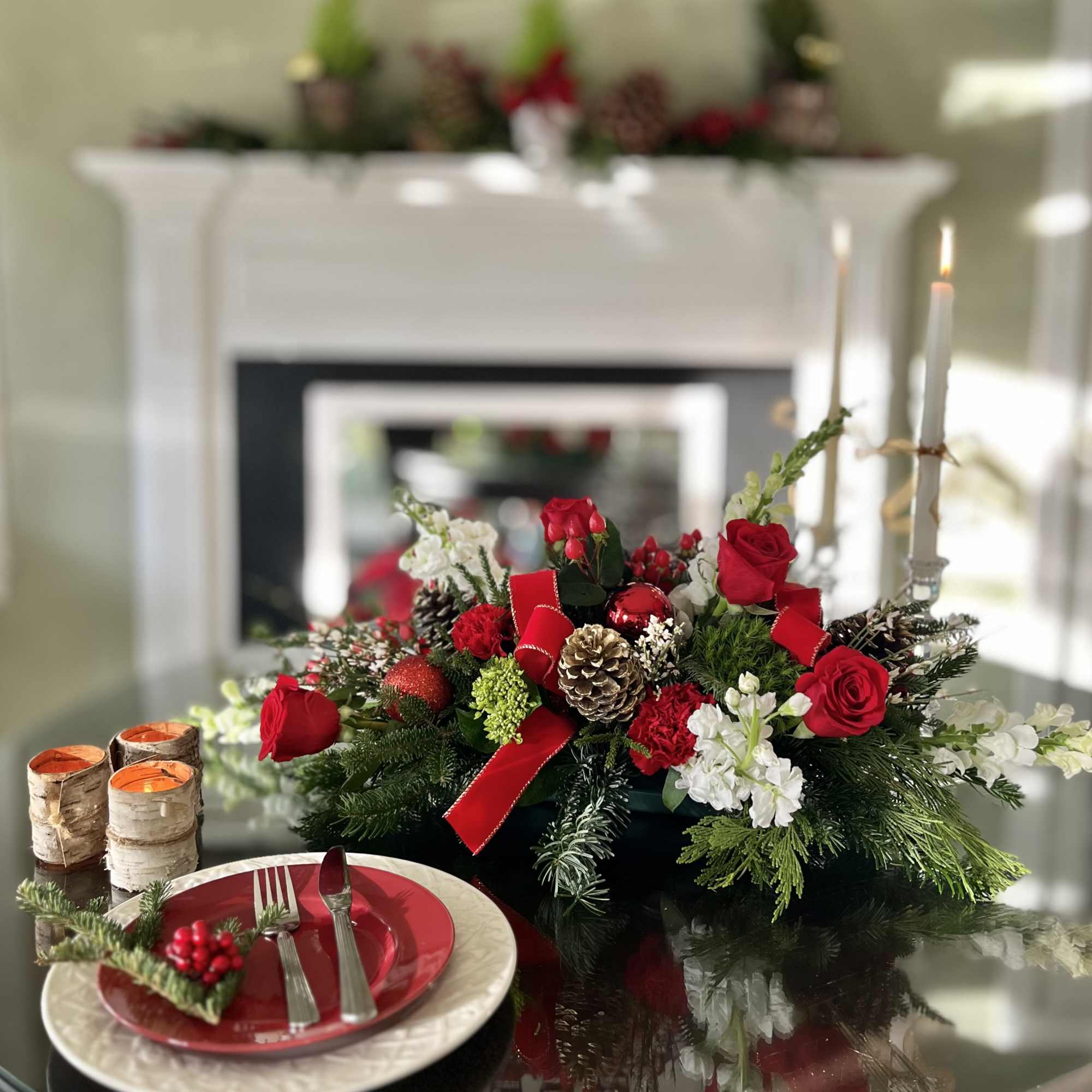 Bring holiday magic to life with this beautiful centerpiece! Red and white