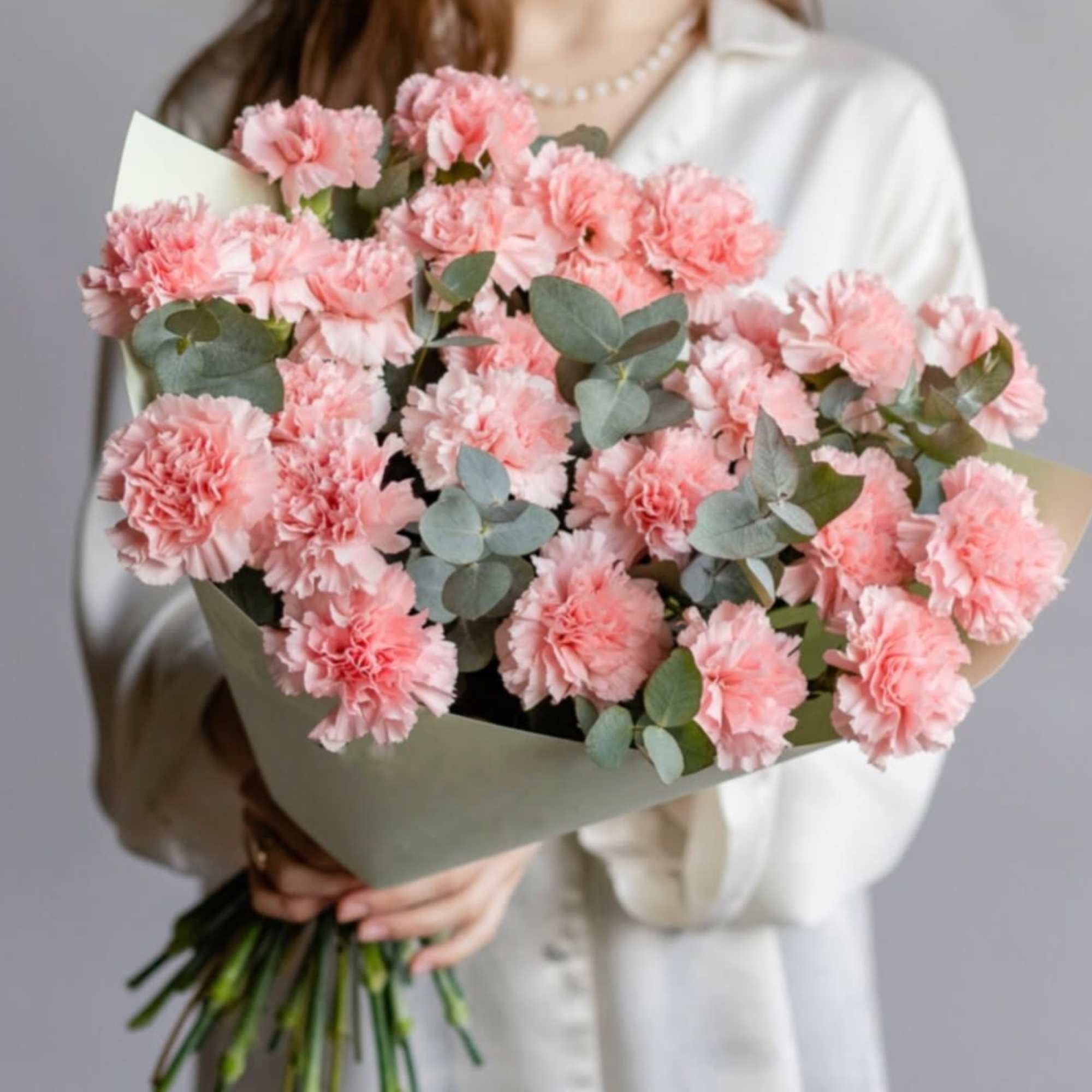 Bouquet of Pink Carnations with Eucalyptus.