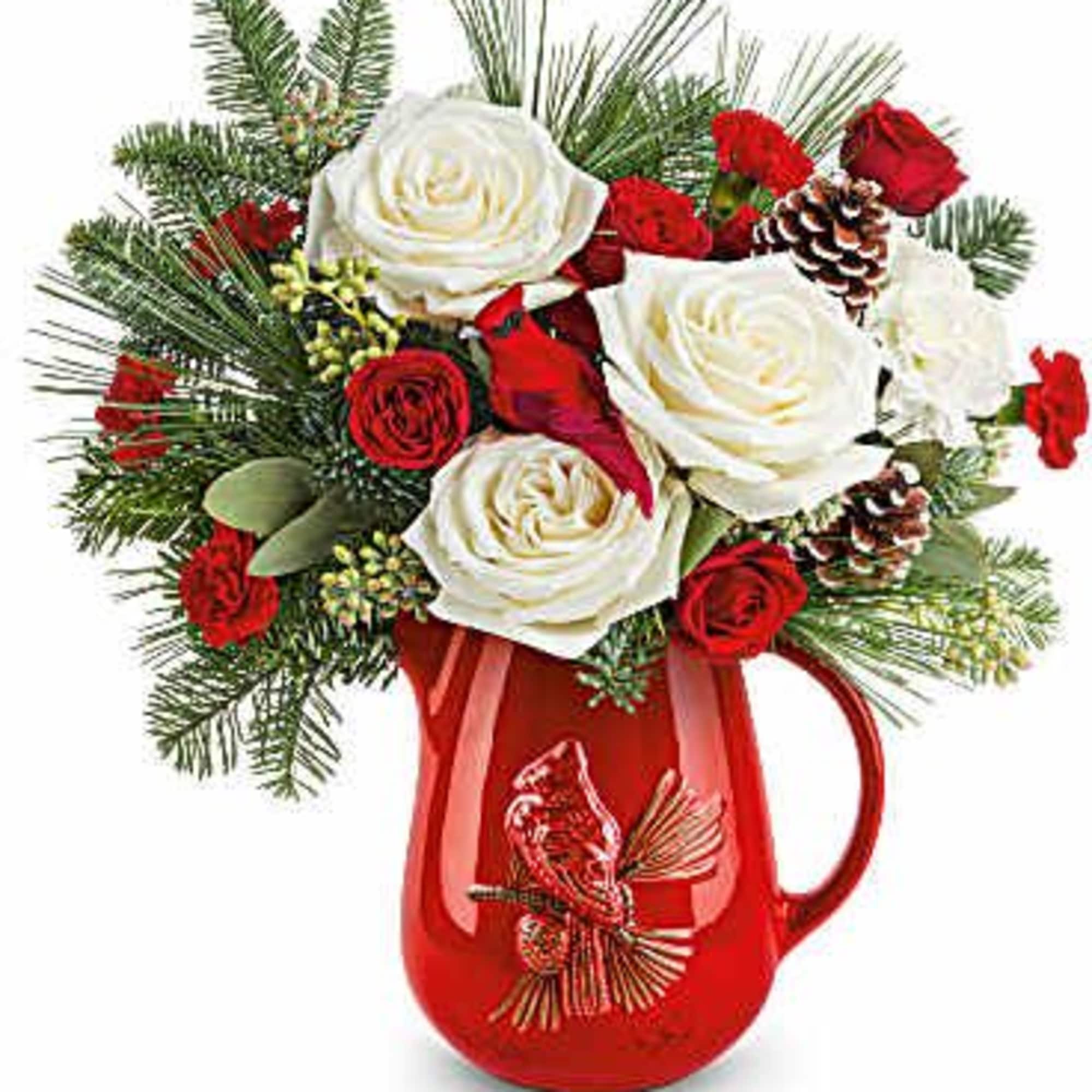 Scarlet Cardinal Bouquet celebrates the season with festive red blooms and winter