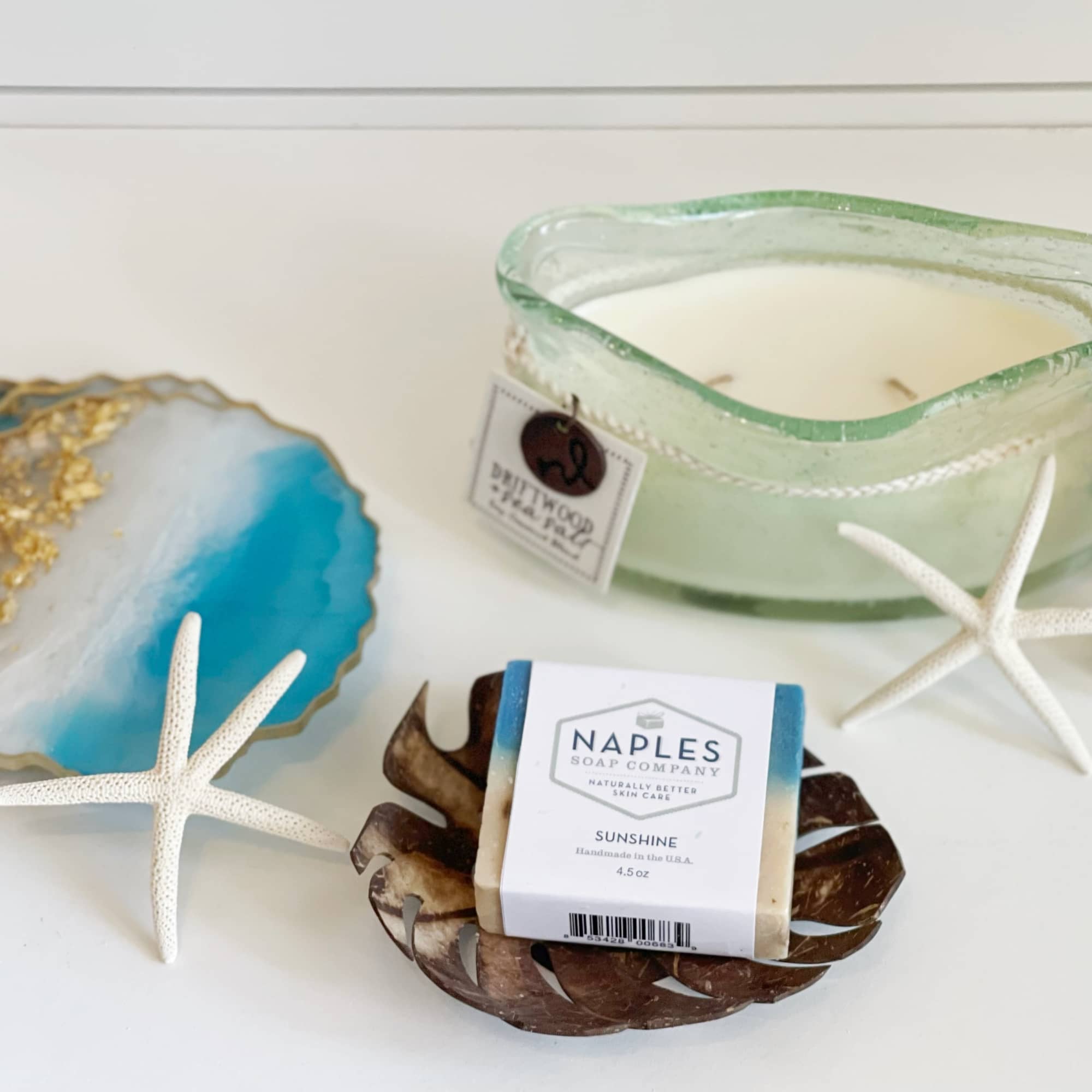 Sea Side Gift Basket:
- Set of four resin coaster to look like