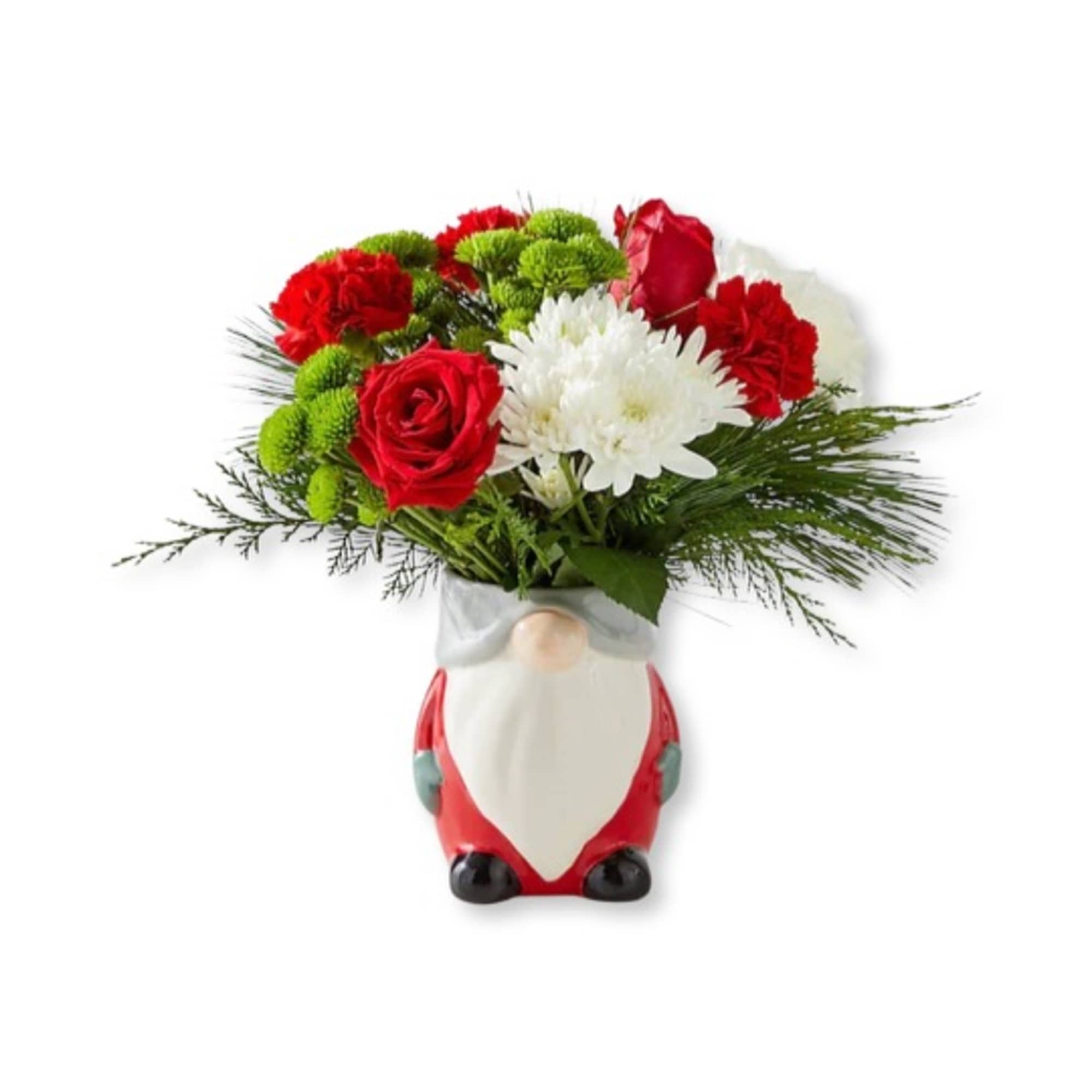 Bloom details include roses, carnation, chrysanthemums, and assorted winter greens.