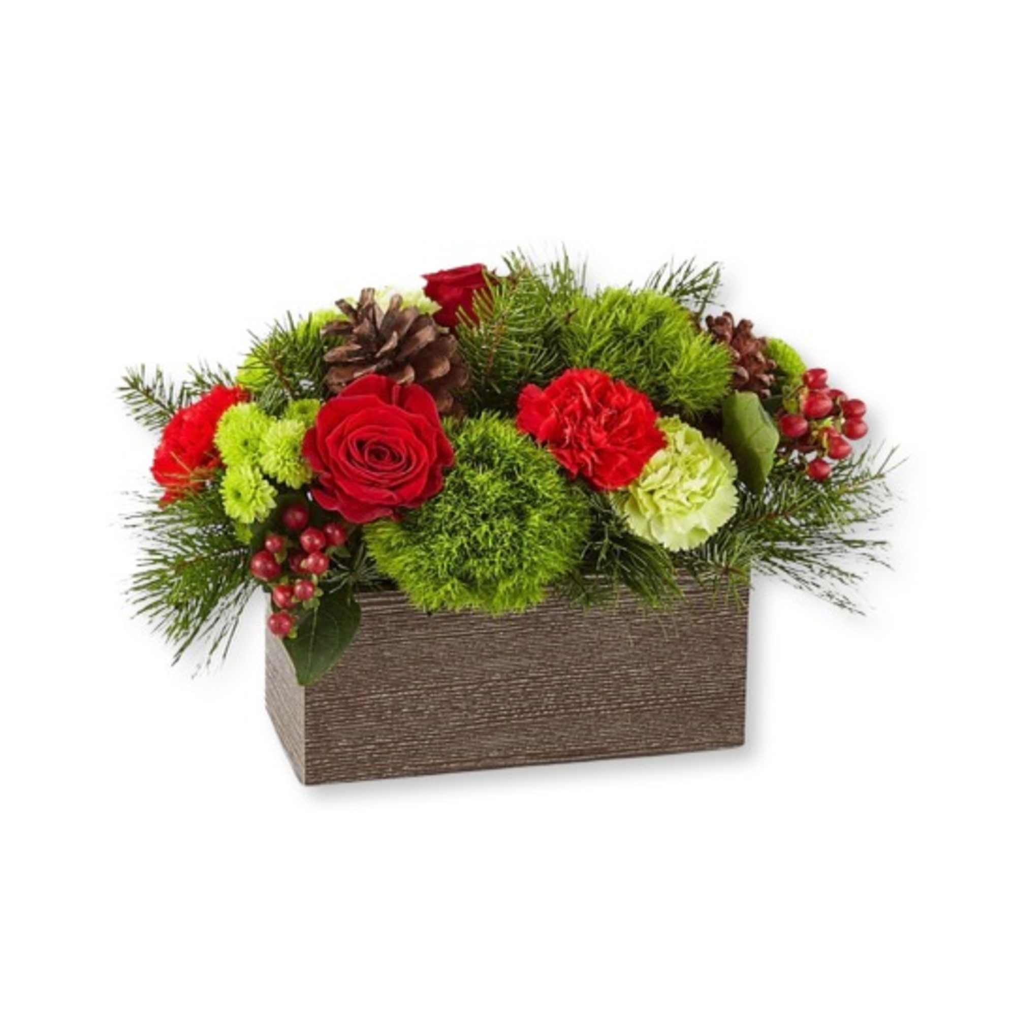 Bloom details include roses, carnations, buttons, trillium, hypericum, and assorted winter greens;