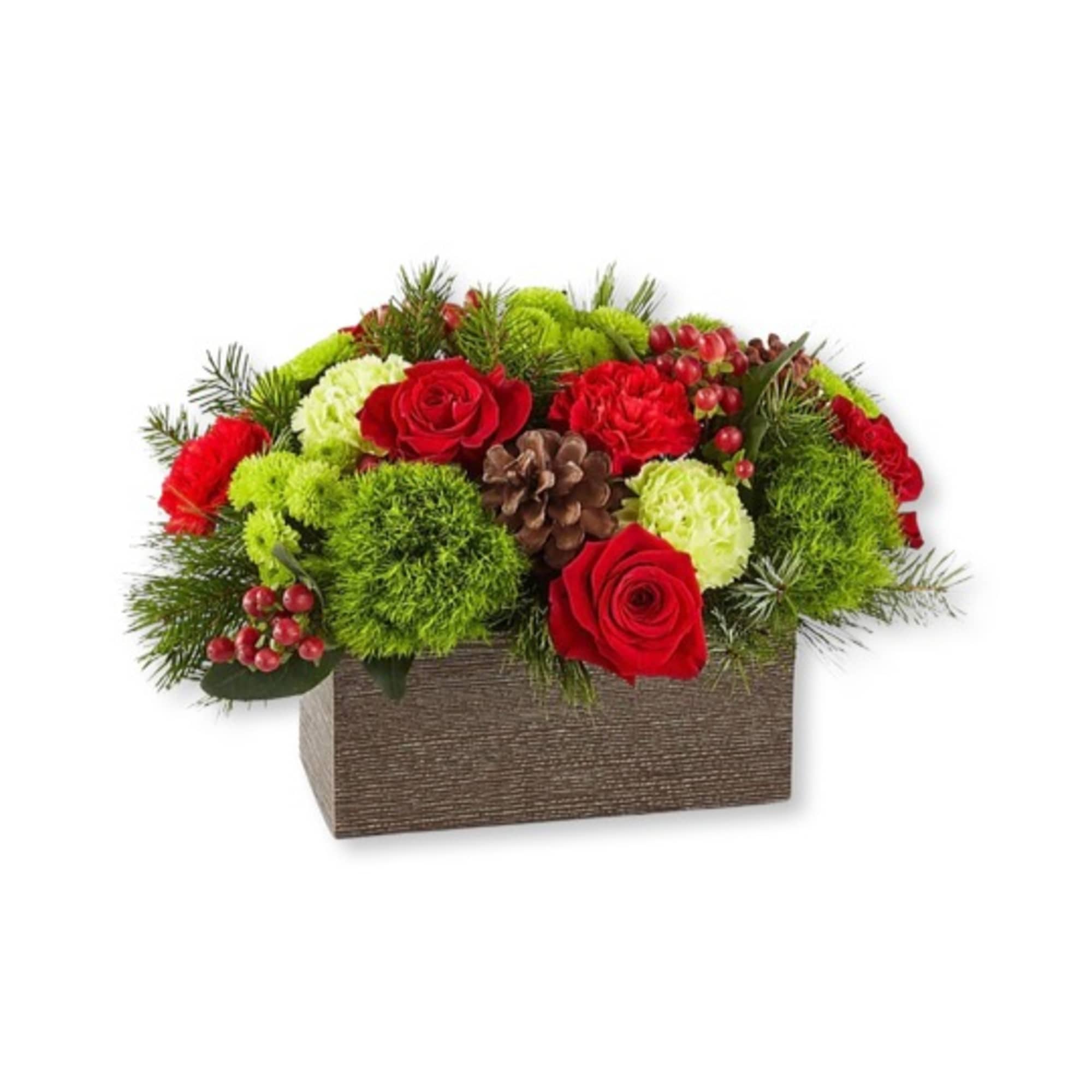 Bloom details include roses, carnations, buttons, trillium, hypericum, and assorted winter greens;