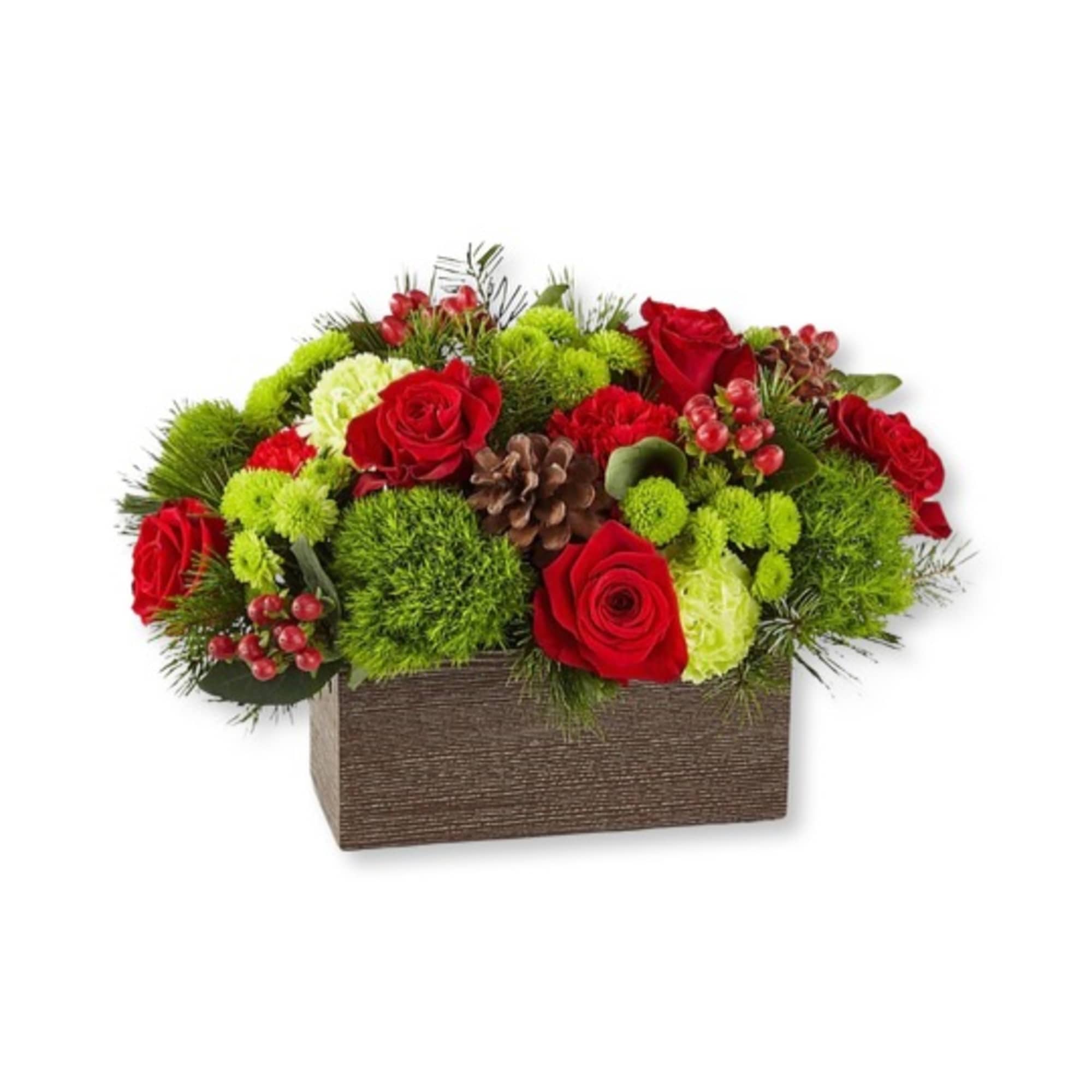 Bloom details include roses, carnations, buttons, trillium, hypericum, and assorted winter greens;