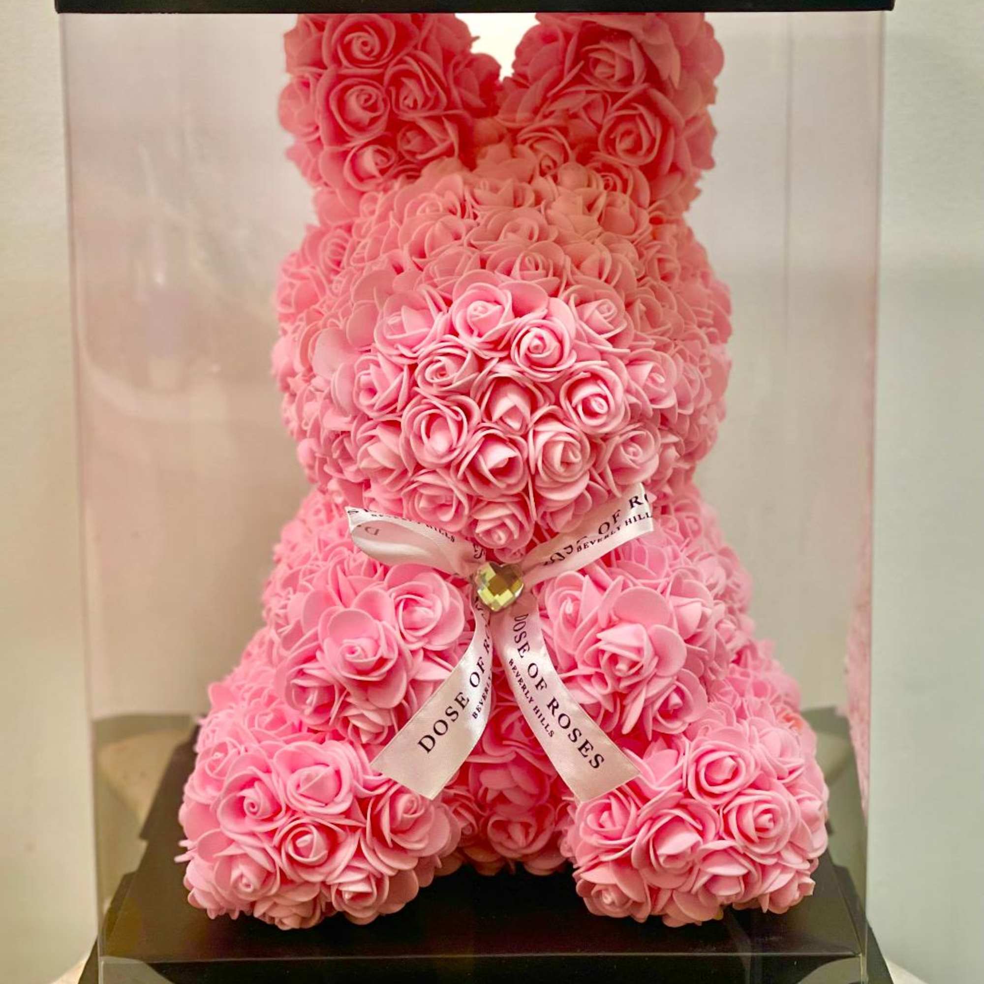 Pink Bunny rose bouquet.

color: pink

_Crafted with premium pink faux Foam roses.
_16"/11" Teddy