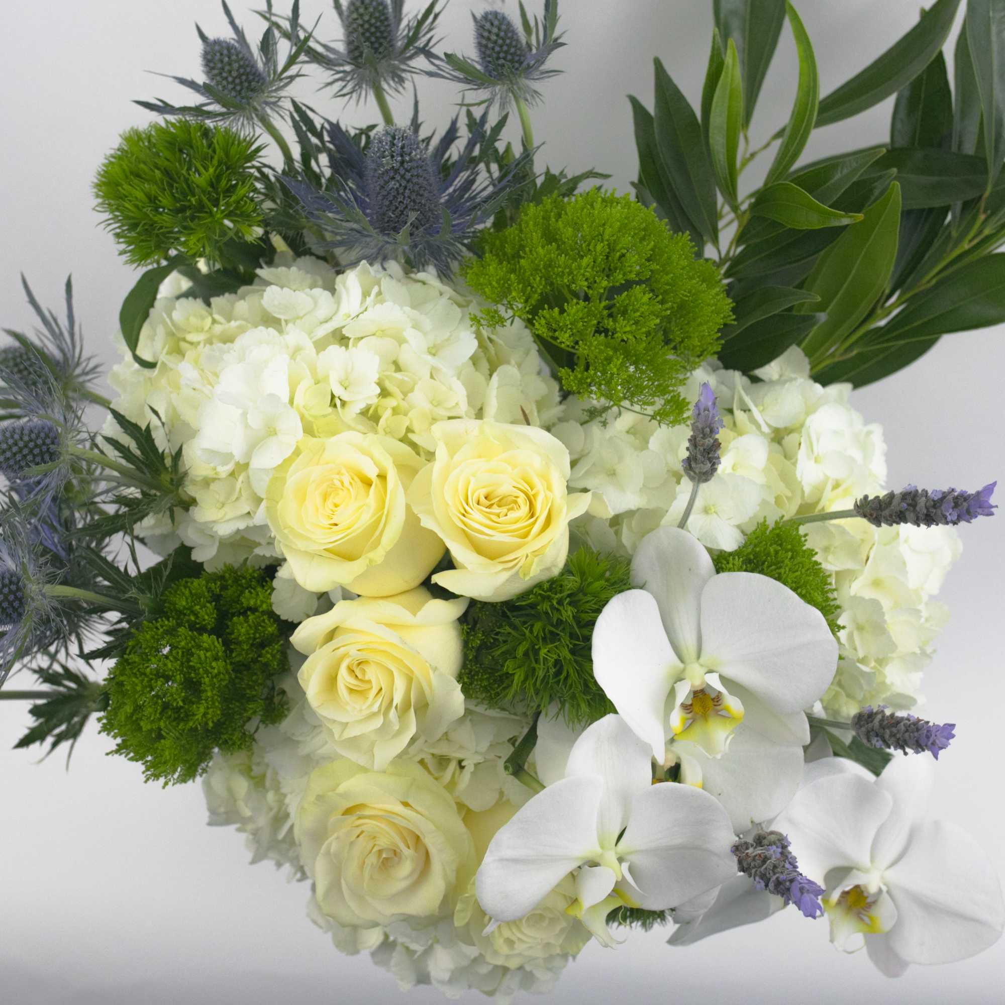 VASE OF MIXED WHITE FLOWERS WITH ORCHIDS AND ROSES 

Abundant, Elegant, Beautiful.