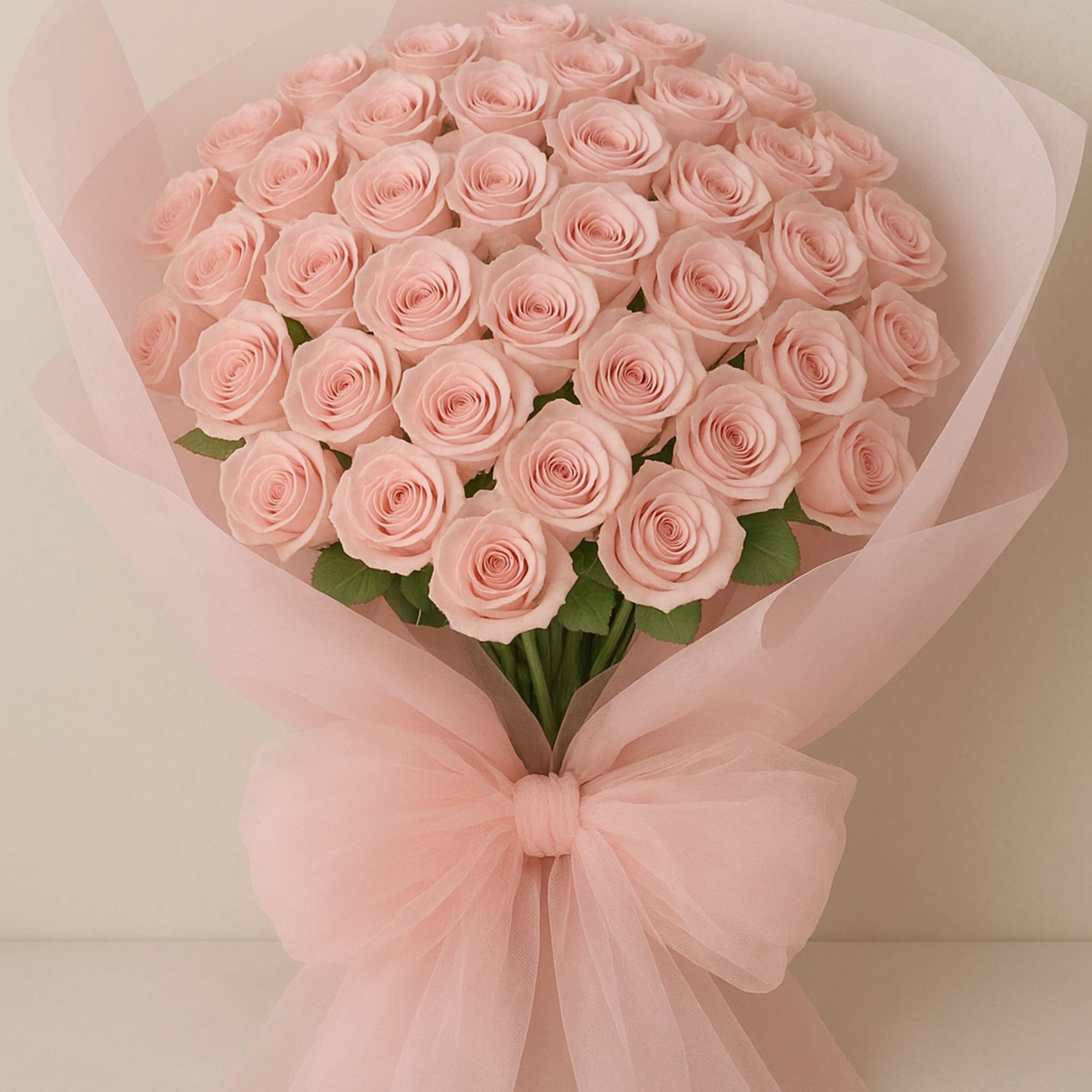 Premium light pink roses in a bouquet in decorative wrap and ribbon.