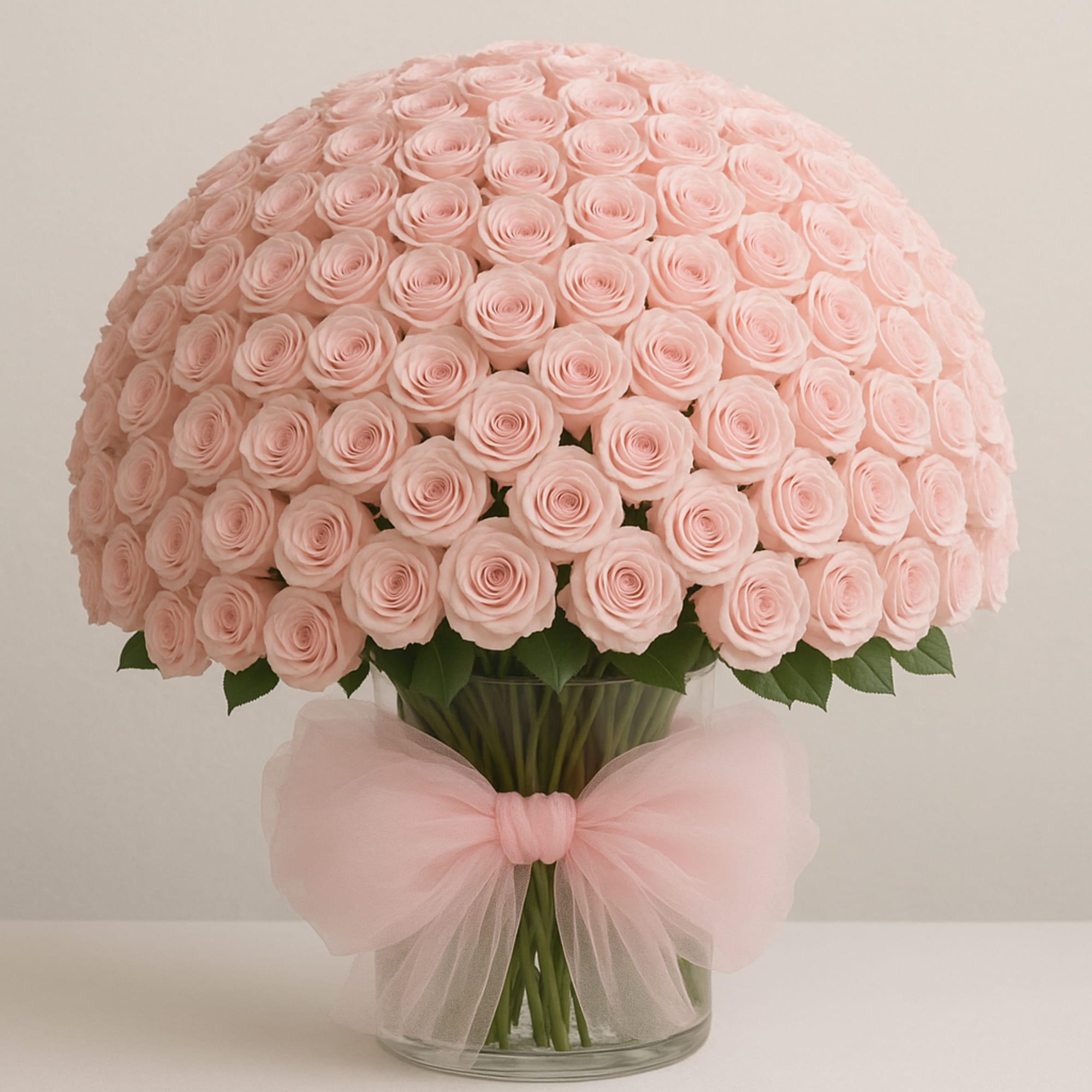 Premium light pink roses in a glass vase with a decorative ribbon.