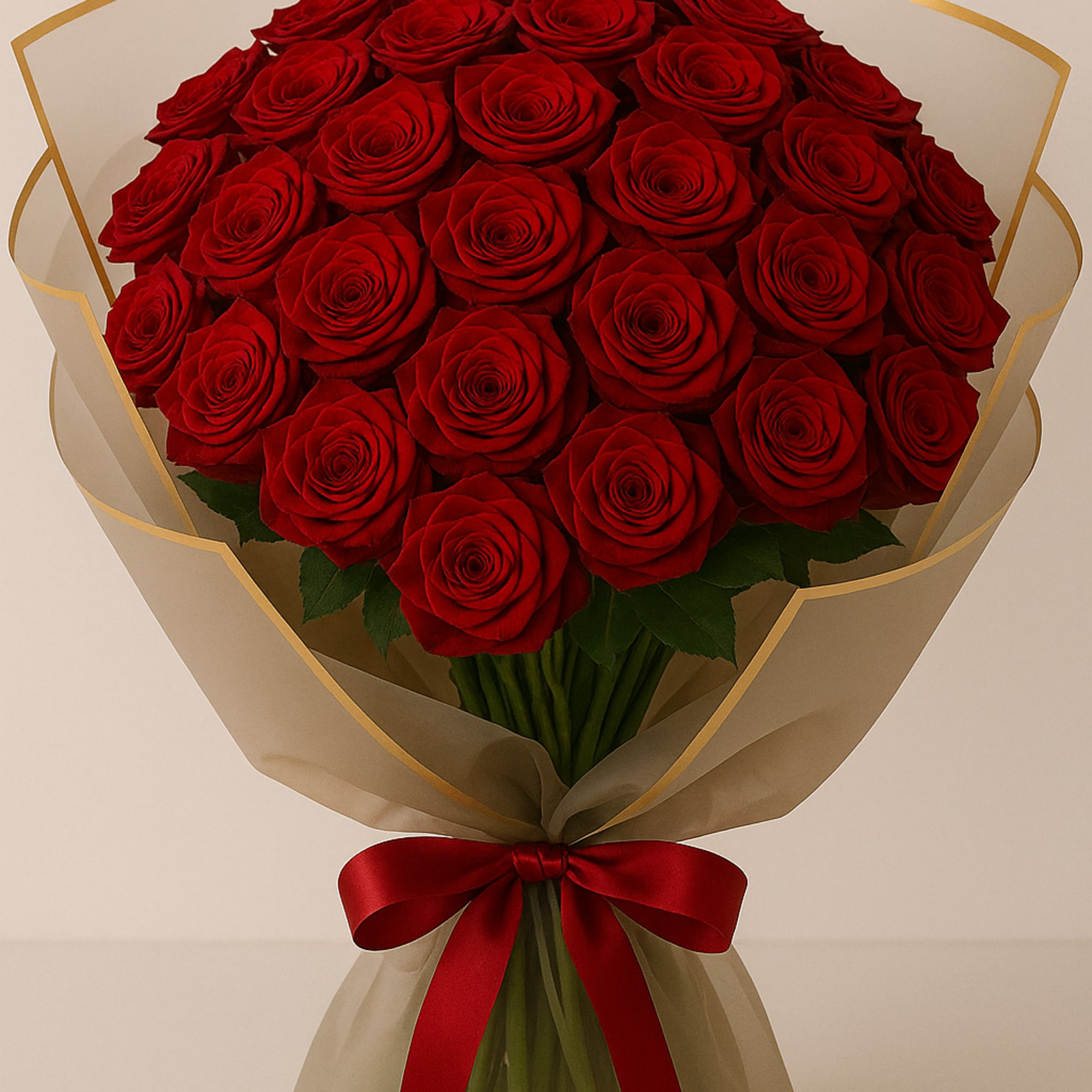 Premium red rose bouquet with decorative wrap and ribbon.