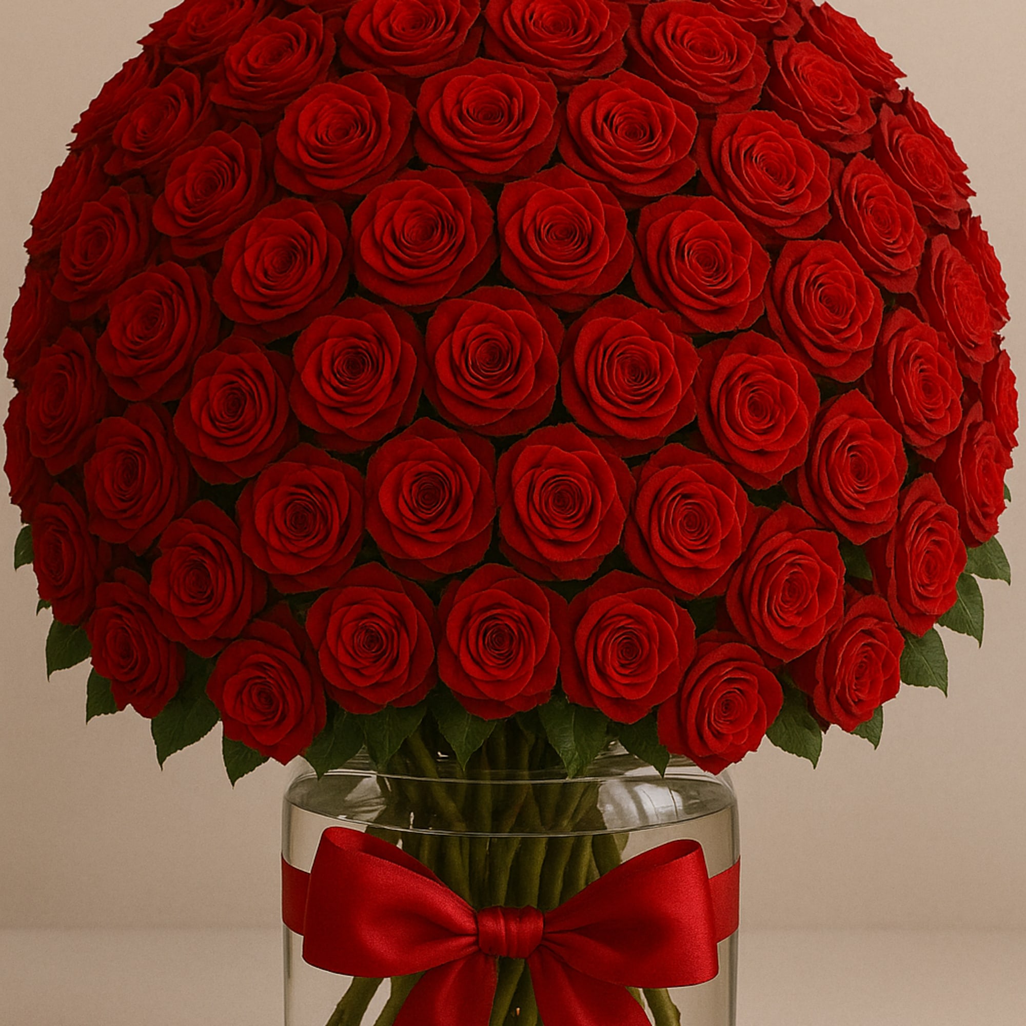 Premium red roses in a glass vase with decorative ribbon.
