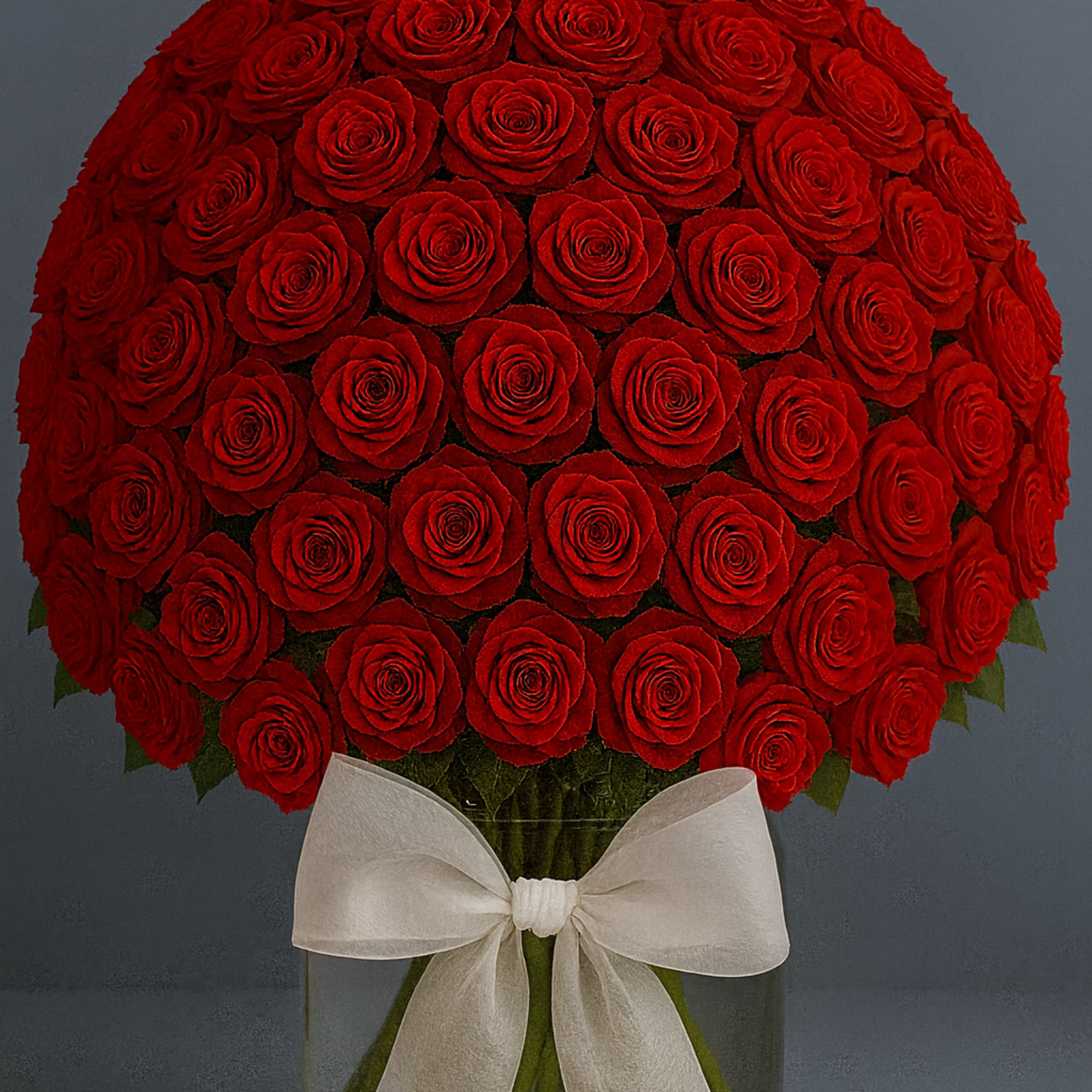 Premium red roses in a glass vase with decorative ribbon.