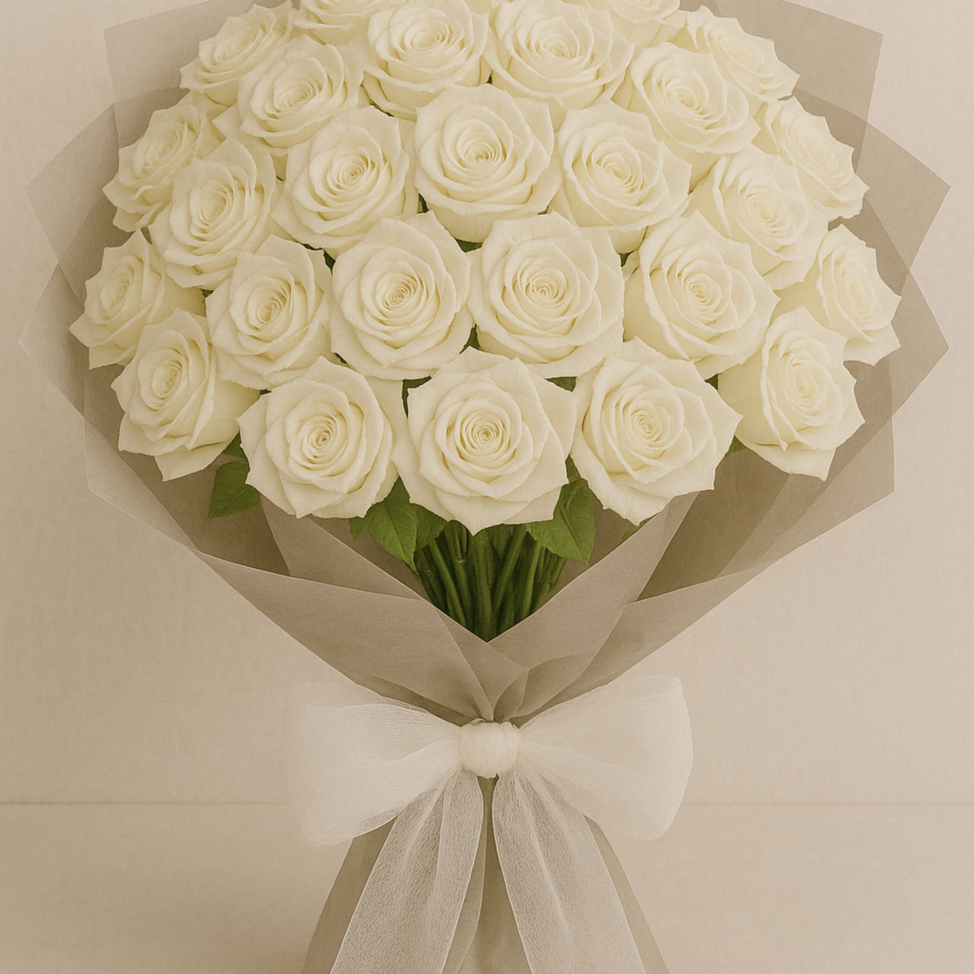 Premium white roses in a bouquet with decorative wrapping paper and ribbon.