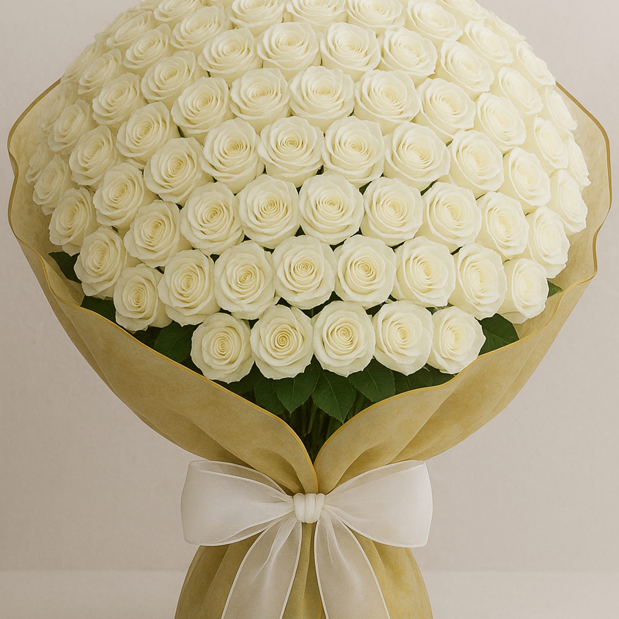 Premium white roses in a bouquet with decorative wrapping paper and ribbon.