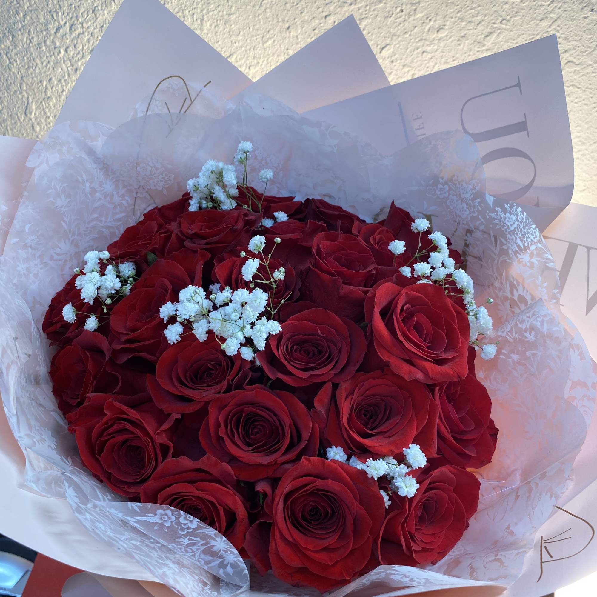 24 Red Roses with baby breath 